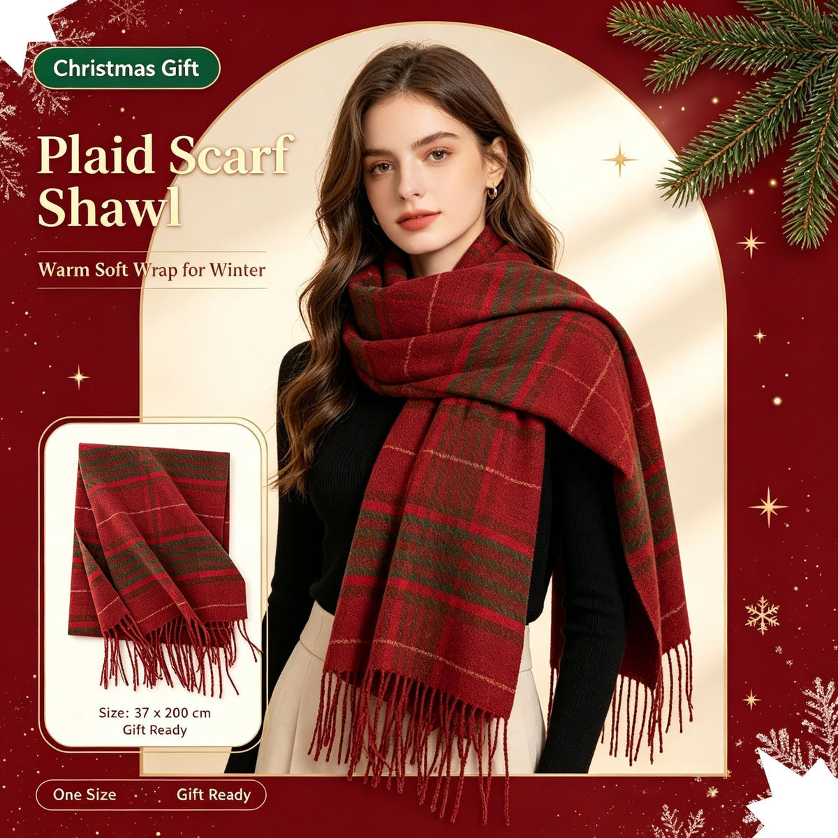 Christmas Themed Grid Warm Scarf, Cashmere Feel All-match Ladies Shawl 37x200cm Xmas Plaid Pattern for Festive Atmosphere Layout & Christmas Holiday Gift