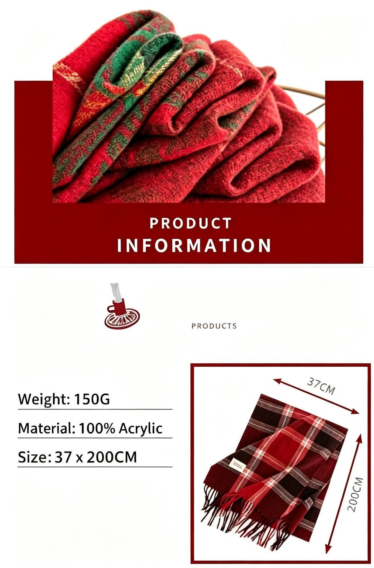 Xmas Red Green Check Scarf, Thick Cashmere Feel Cozy Neck Warmer Shawl 37x200cm Christmas Red Green Grid for Outfit Decor & Holiday Gift Hamper