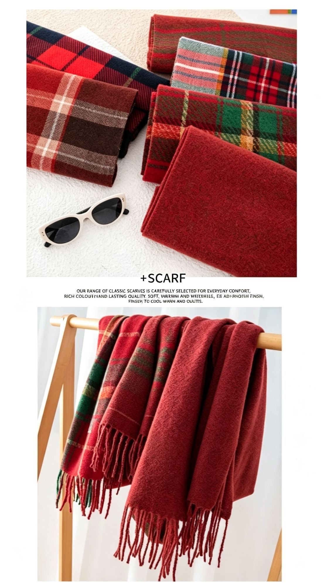 Xmas Red Green Check Scarf, Thick Cashmere Feel Cozy Neck Warmer Shawl 37x200cm Christmas Red Green Grid for Outfit Decor & Holiday Gift Hamper
