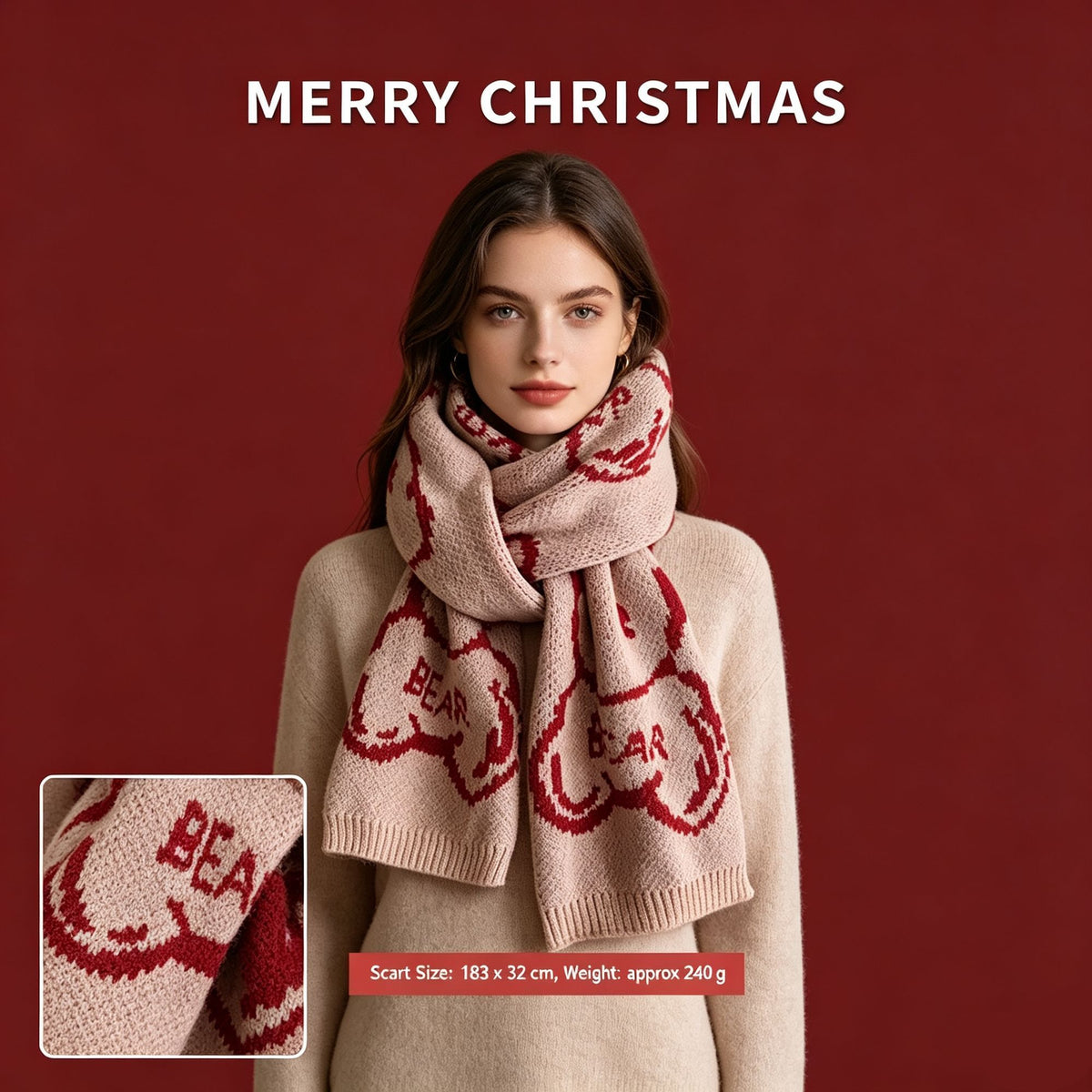 Cute Pink Bear Printed Ladies Scarf, Cashmere Touch Thermal Wrap, Pink Tone for Daily Outfit Matching and Christmas Holiday Gift