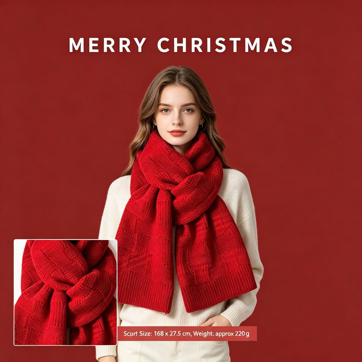 Red Woven Textured Women’s Scarf, Fluffy Cashmere Touch Oversized Shawl for Fashion Outfit Styling and Christmas Holiday Gift Giving