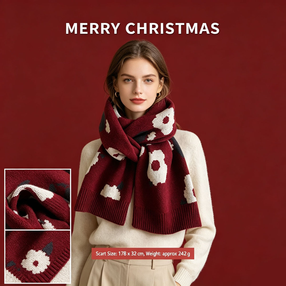 Red Floral Pattern Warm Women’s Scarf, Comfortable Cashmere Touch Neck Wrap for Daily Outfit Accent and Christmas Exchange Gift