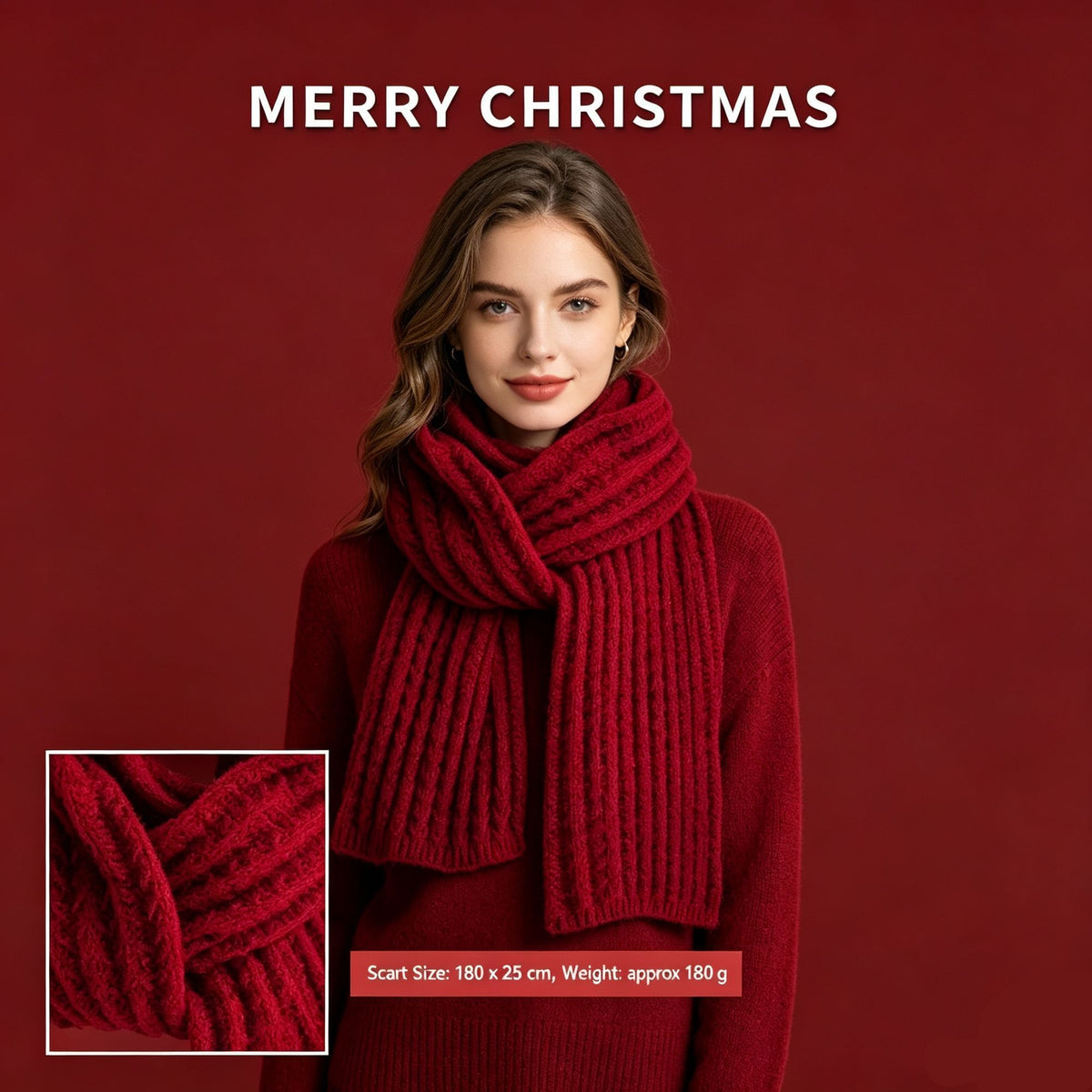 Cable Knit Red Women’s Scarf, Thick Cashmere Touch Warm Shoulder Wrap for Outfit Decoration and Christmas Holiday Gift