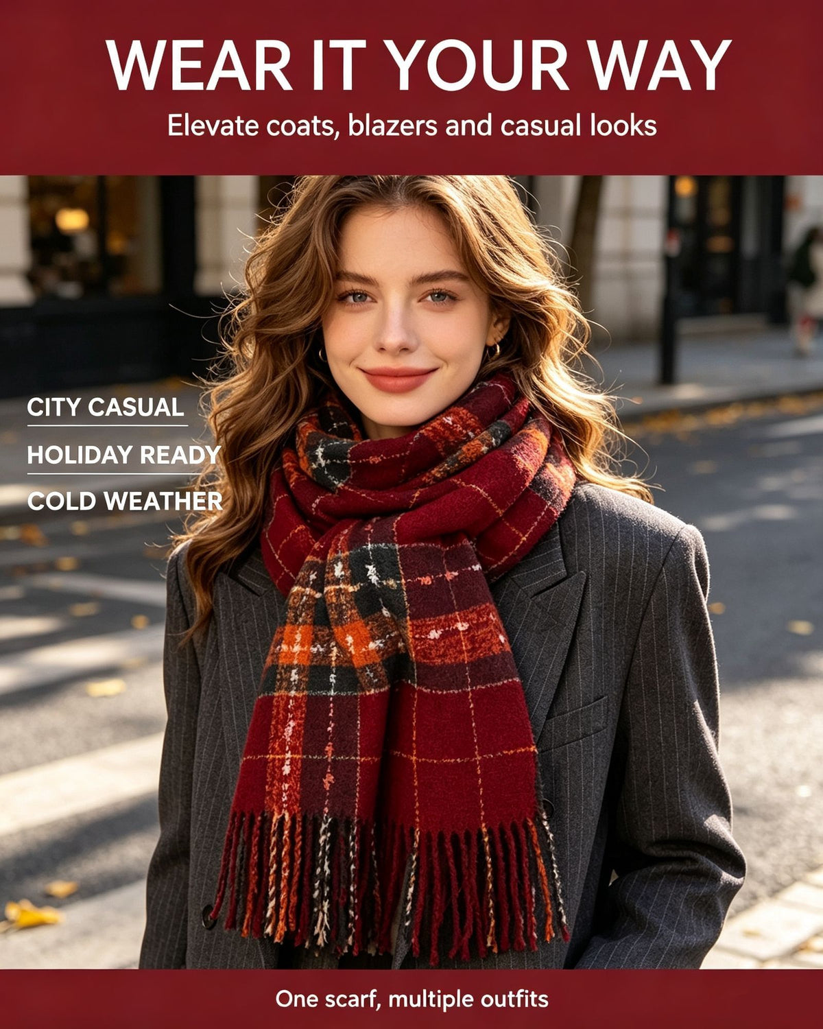 Cable Knit Red Women’s Scarf, Thick Cashmere Touch Warm Shoulder Wrap for Outfit Decoration and Christmas Holiday Gift