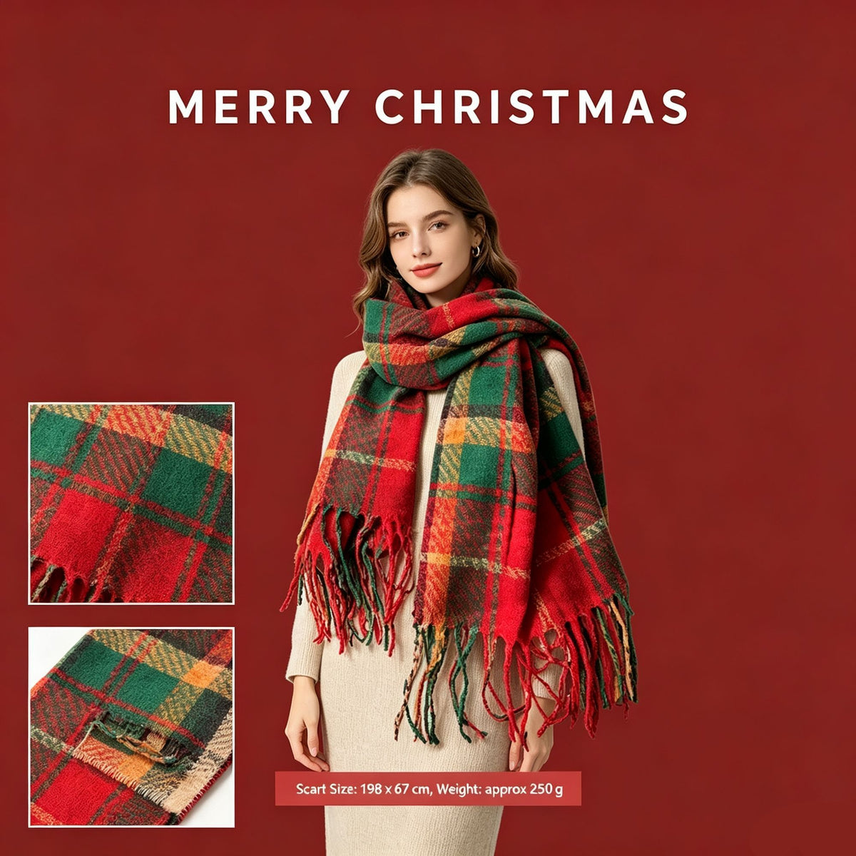 Christmas Patchwork Grid Women’s Shawl, Cashmere Touch Thermal Scarf for Outfit Layout and Christmas Holiday Present