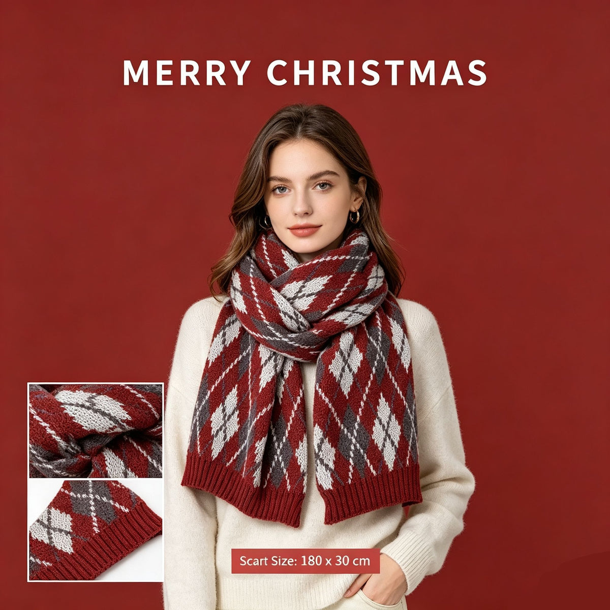 Dark Red Rhombus Grid Women’s Scarf, Fluffy Cashmere Texture Neck Shawl for Daily Wear and Christmas Holiday Gift