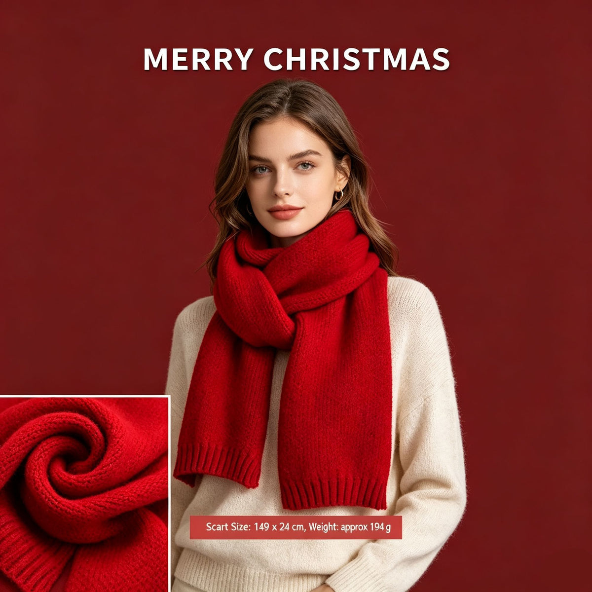 Label Decorated Red Versatile Women’s Scarf, Premium Cashmere Touch Wrap for Fashion Outfit Styling and Christmas Holiday Gift Giving