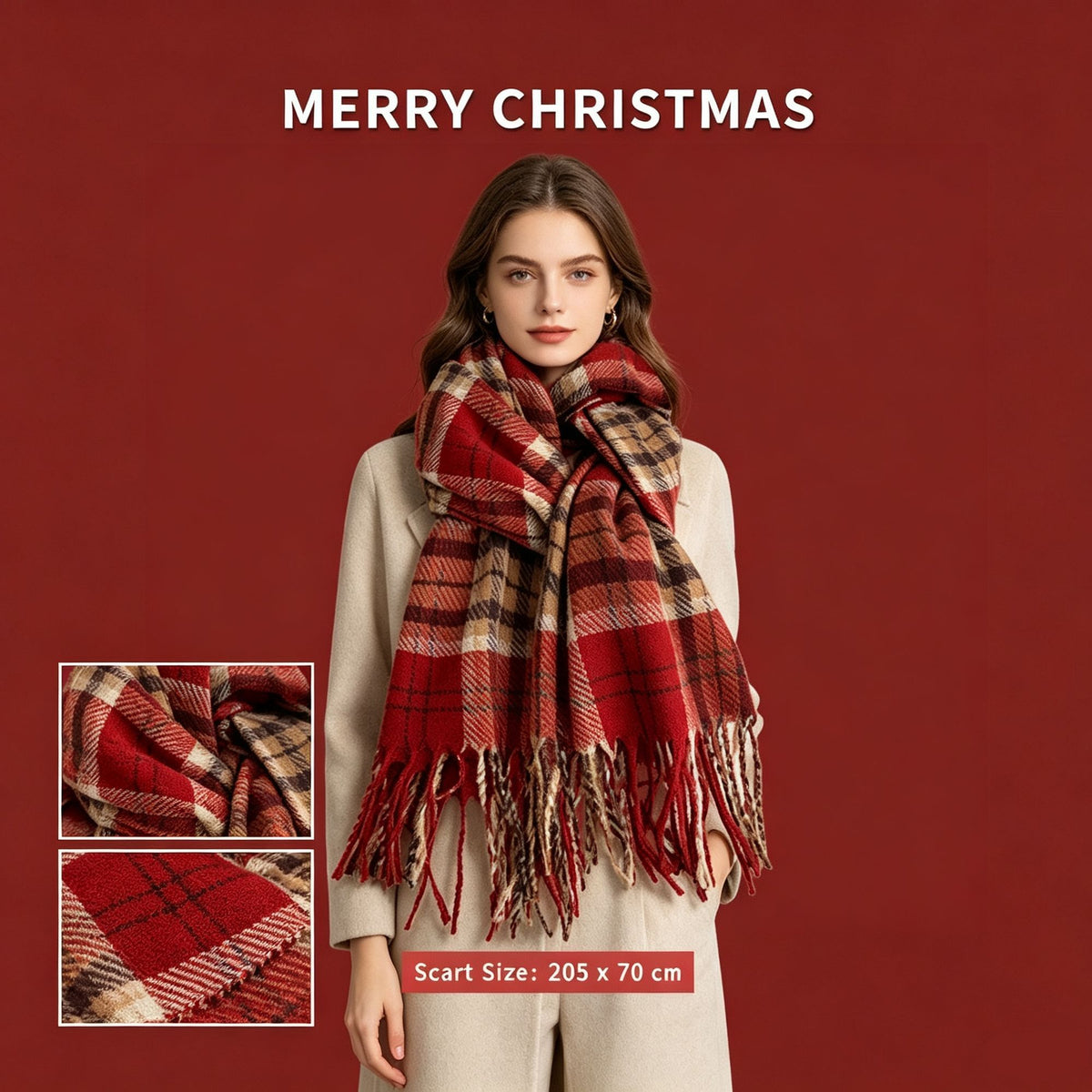 Blessing Letter Printed Red Women’s Scarf, Cozy Cashmere Touch Neck Wrap for Outfit Vibe Creation and Christmas Holiday Gift