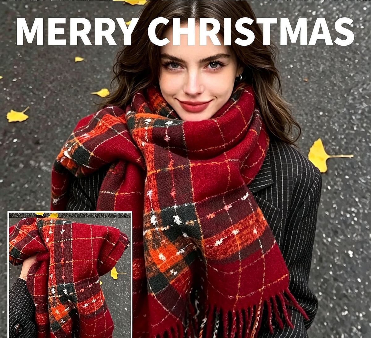 Misty Green Tone Plaid Ladies Shawl, Premium Cashmere Touch Warm Scarf for Daily Outfit Styling and Christmas Holiday Present