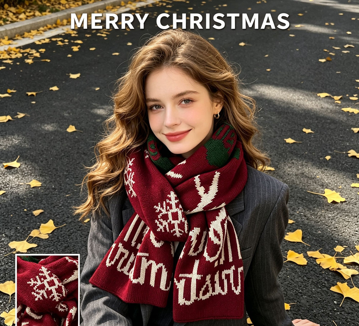 Christmas Letter Printed Burgundy Women’s Shawl, Skin-friendly Cashmere Texture Neck Shawl for Daily Wear and Holiday Souvenir Gift