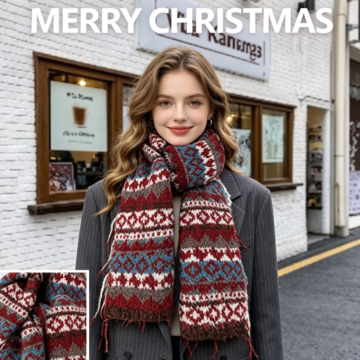 Red and Coffee Color Block Plaid Shawl, Fluffy Cashmere Texture Neck Scarf for Outfit Atmosphere Building and Christmas Holiday Gift