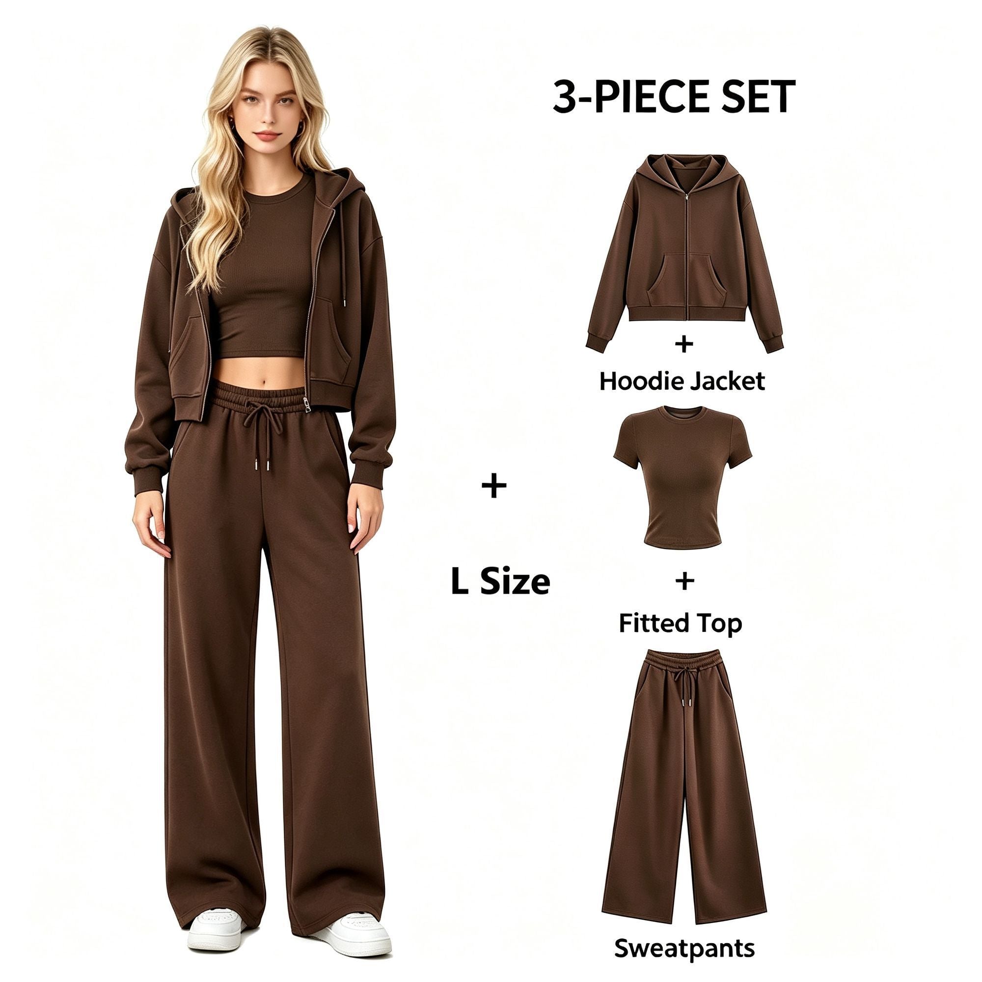 Women Chestnut Brown Three-Piece Casual Sweatsuit, Oversized Comfort Fit Size L, Ready-to-Wear Daily Wardrobe Essential