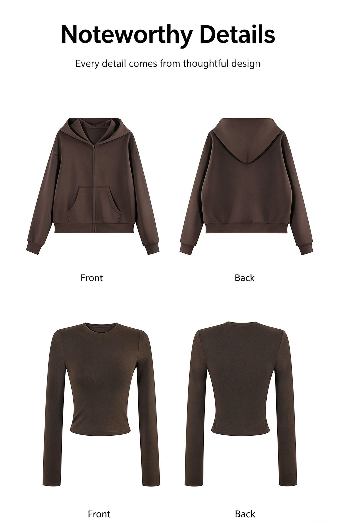 Women Chestnut Brown Three-Piece Casual Sweatsuit, Oversized Comfort Fit Size L, Ready-to-Wear Daily Wardrobe Essential