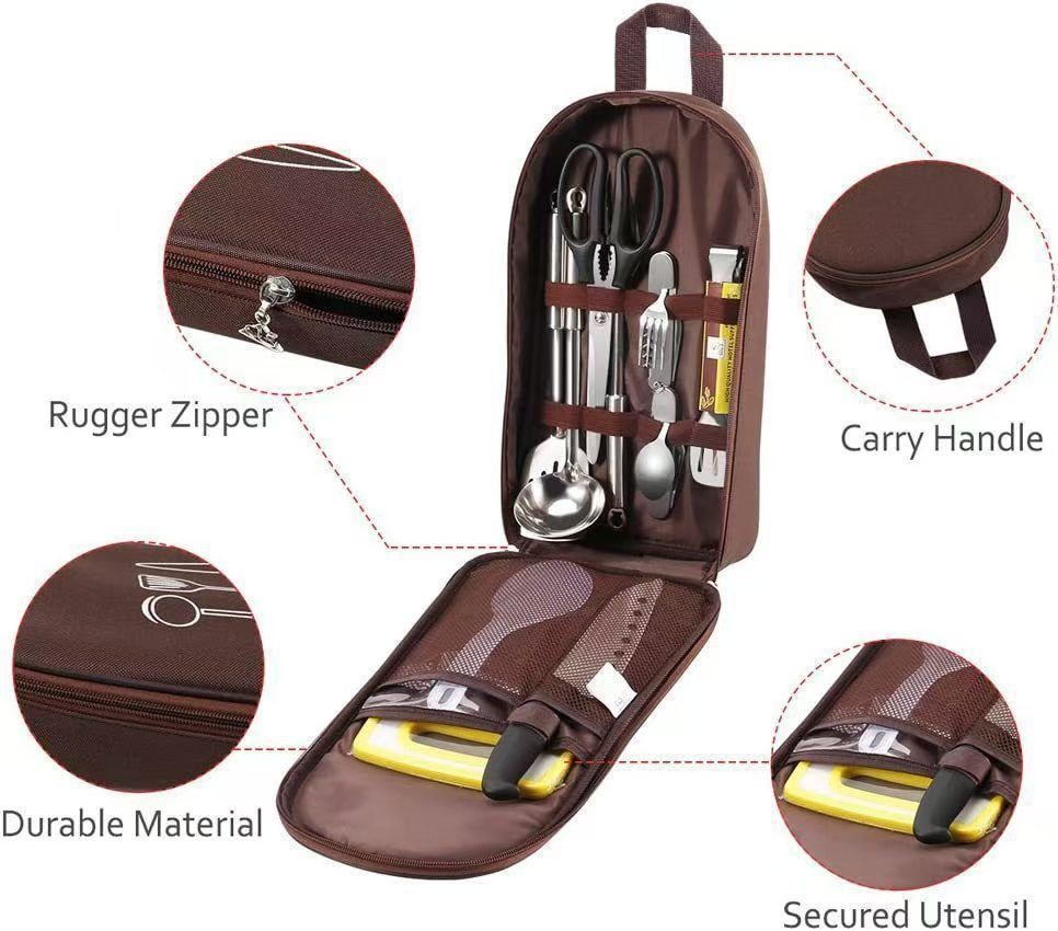 Portable Camping Tool Storage Pouch Made of Oxford Cloth, Christmas & Halloween Outdoor Trip Accessory, Multifunctional Picnic Sundries Organizer Bag, Khaki, Cooking Utensils Not Included