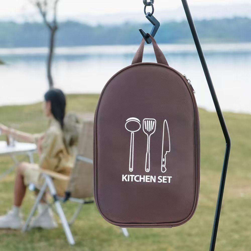 Portable Camping Tool Storage Pouch Made of Oxford Cloth, Christmas & Halloween Outdoor Trip Accessory, Multifunctional Picnic Sundries Organizer Bag, Khaki, Cooking Utensils Not Included