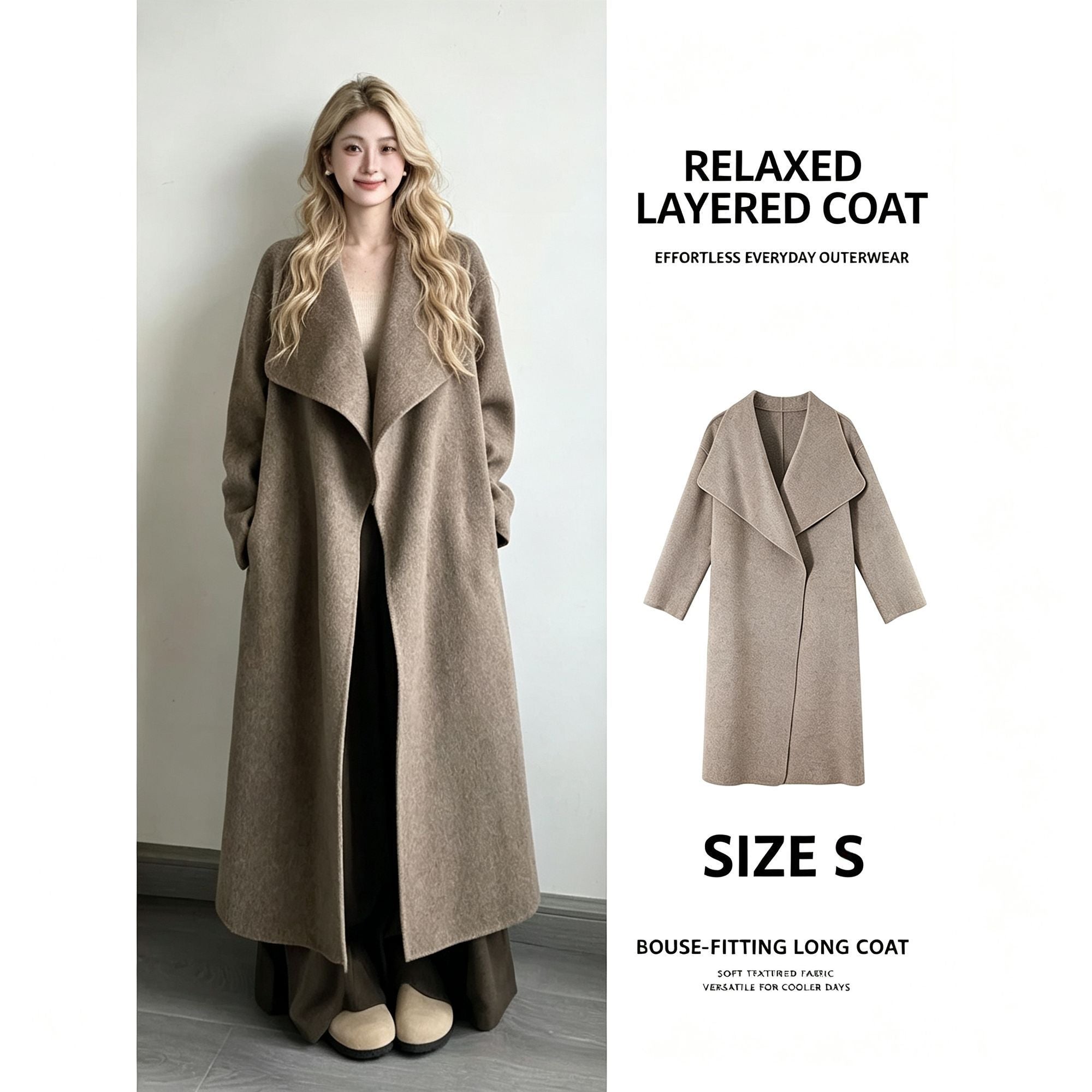 Women Oversized Lapel Wool‑Blend Coat, Nut Brown, Size S, Transitional Early‑Spring Outwear, Relaxed Silhouette Layering Piece, Versatile Office & Weekend Wardrobe Staple for Cool Mornings & Evenings