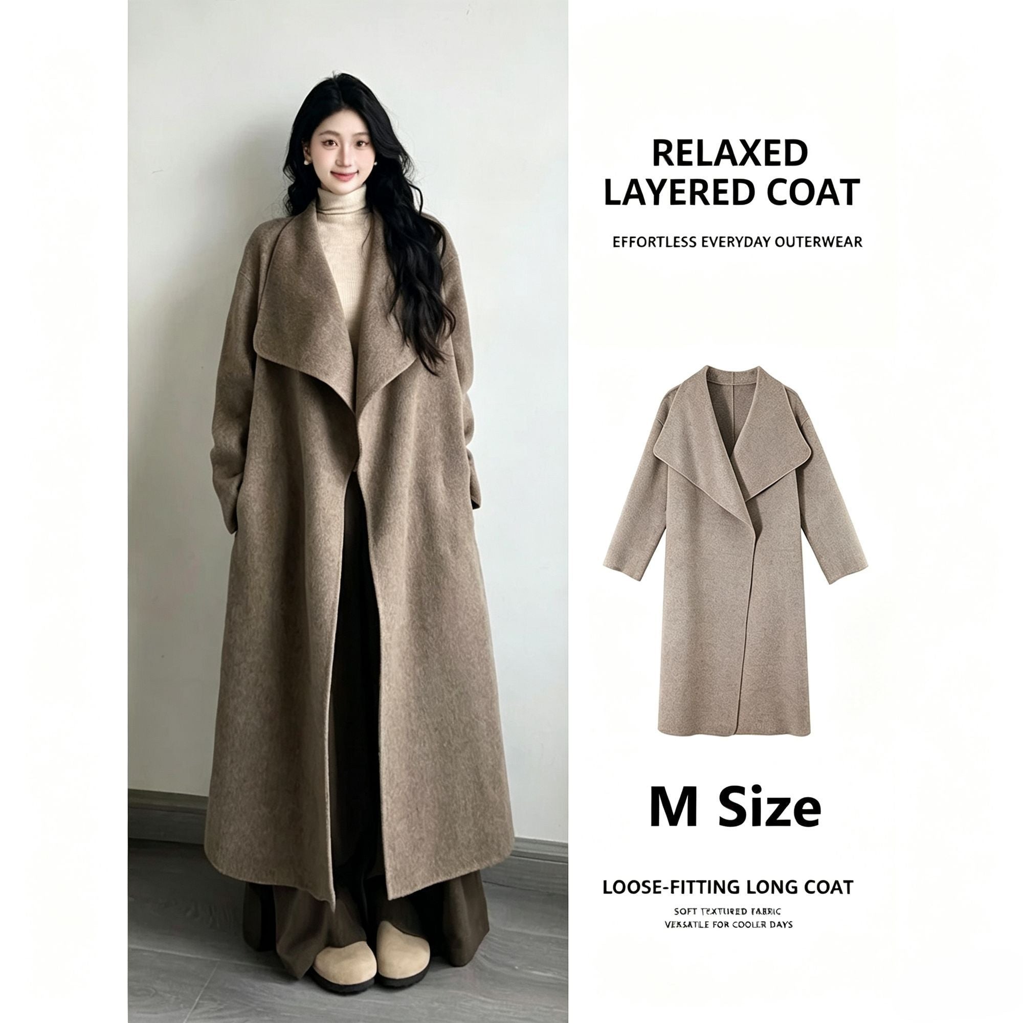 Loose‑fit Big Lapel Woolen Overcoat for Women, Nut Brown Tone, Size M, Early‑Spring Trans‑seasonal Outerwear, Everyday Capsule Wardrobe Item, Ideal for Commute and Casual Outdoor Outing