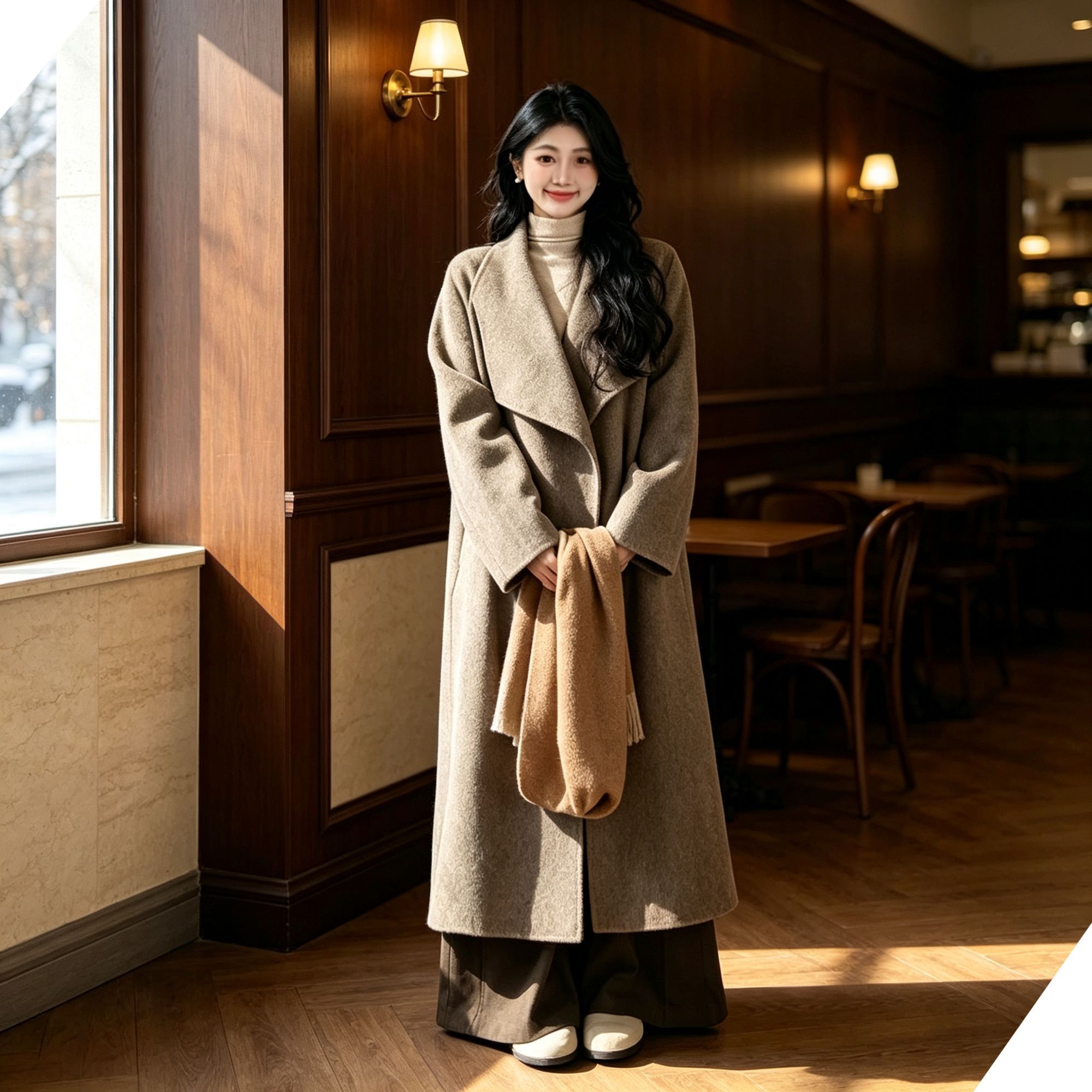 Loose‑fit Big Lapel Woolen Overcoat for Women, Nut Brown Tone, Size M, Early‑Spring Trans‑seasonal Outerwear, Everyday Capsule Wardrobe Item, Ideal for Commute and Casual Outdoor Outing