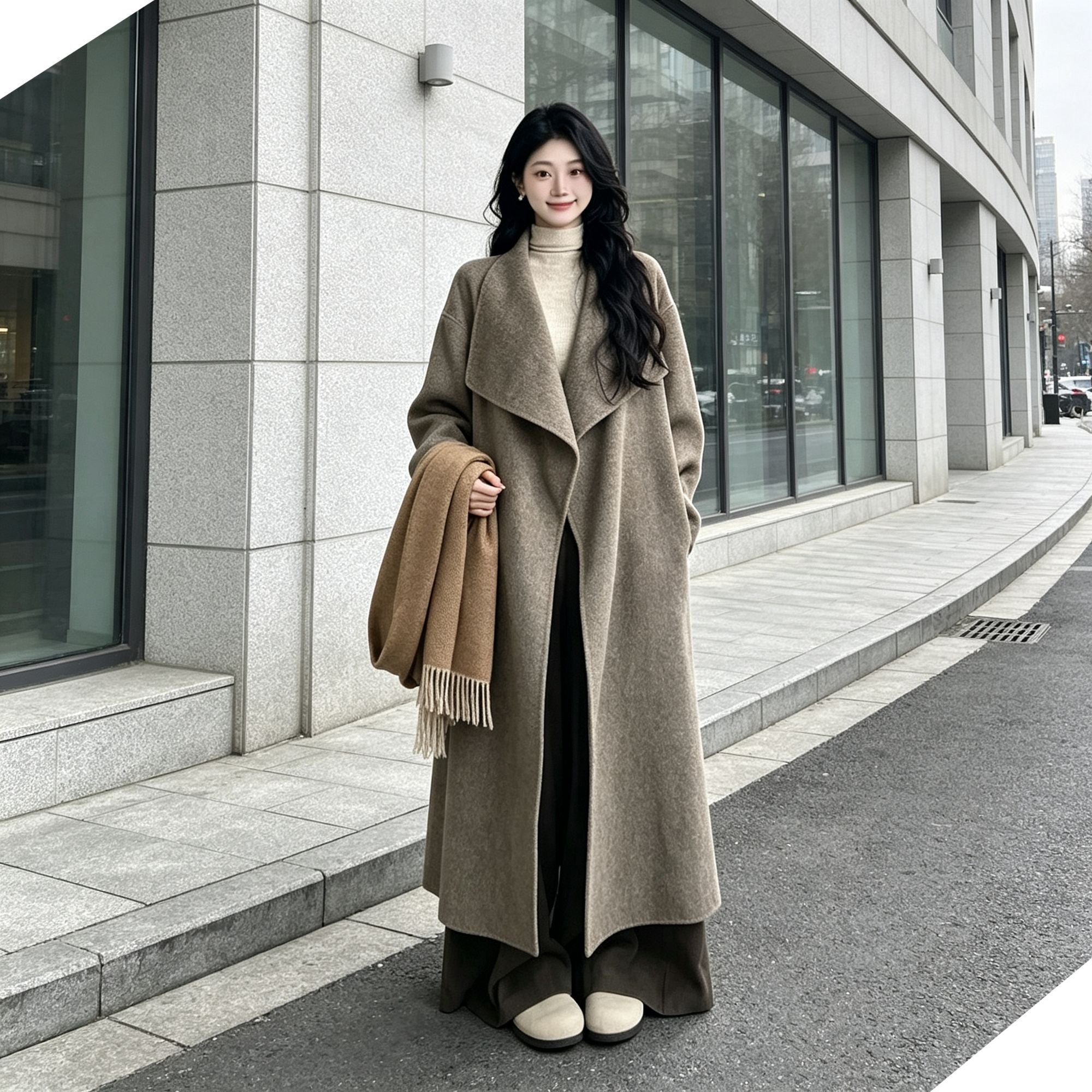Loose‑fit Big Lapel Woolen Overcoat for Women, Nut Brown Tone, Size M, Early‑Spring Trans‑seasonal Outerwear, Everyday Capsule Wardrobe Item, Ideal for Commute and Casual Outdoor Outing