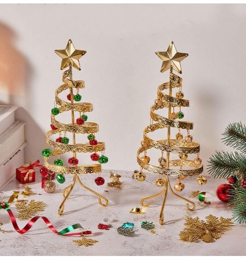 Swirl Bell Iron‑art Mini Christmas Tree, Red‑Green‑Gold Combination, Christmas & Halloween Party Table Centerpiece, Vintage Style Desktop Festive Ornament, Lovely Holiday Giveaway Gift