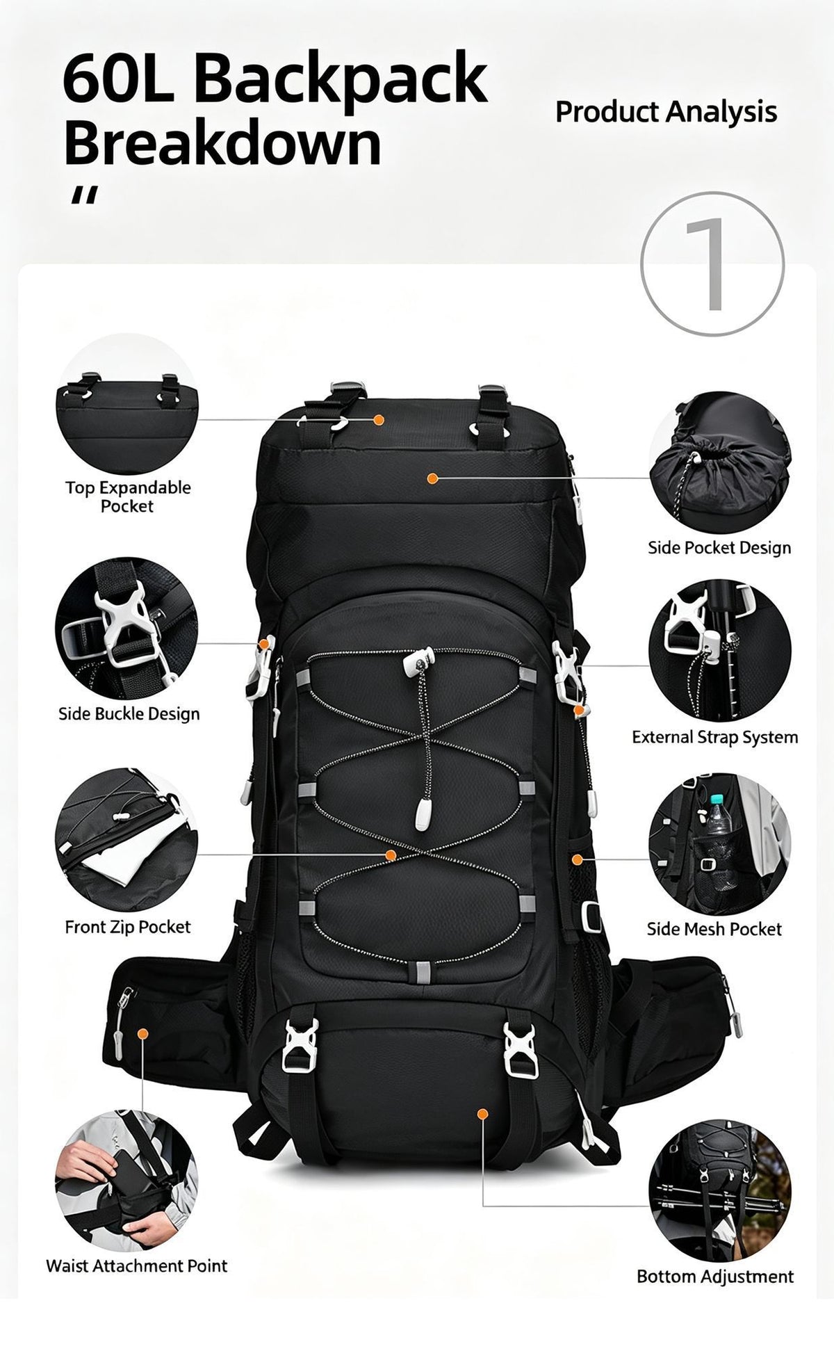 Versatile Outdoor Trekking Backpack 60L Black,Nylon Travel Rucksack Supplied With Rain Cover,Robust Pack for Camping Hiking & Touring,Christmas Halloween Practical Holiday Present