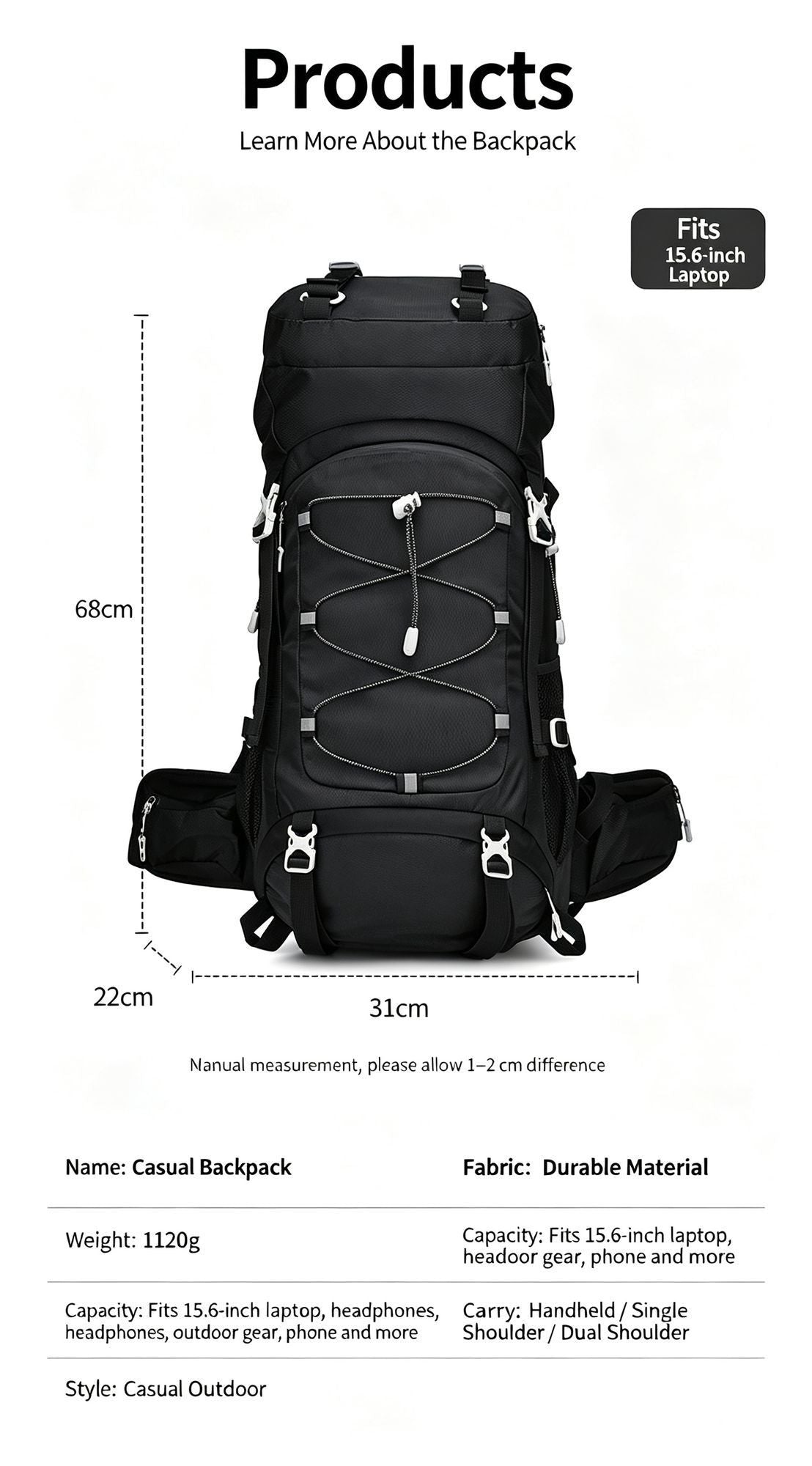 Versatile Outdoor Trekking Backpack 60L Black,Nylon Travel Rucksack Supplied With Rain Cover,Robust Pack for Camping Hiking & Touring,Christmas Halloween Practical Holiday Present