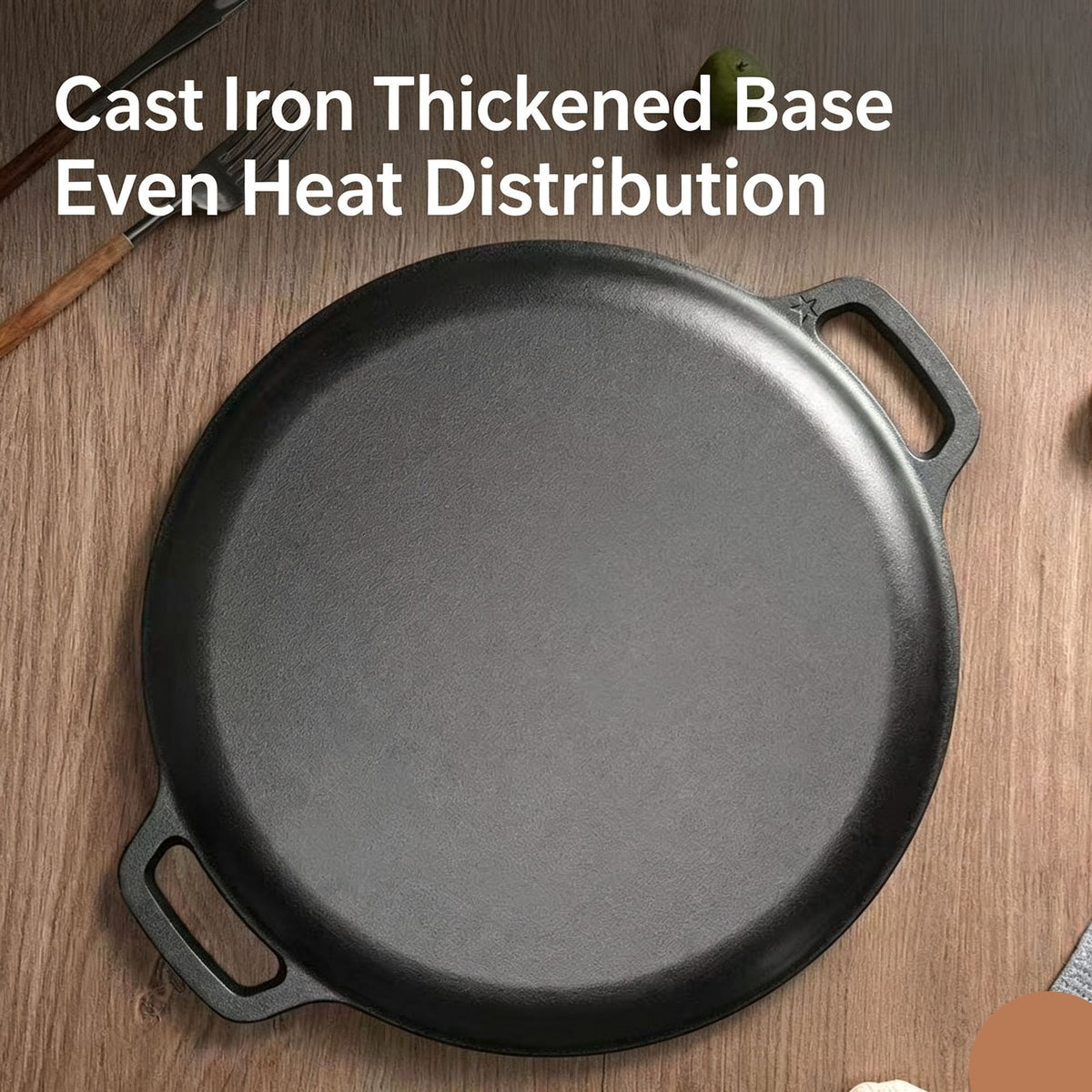 Large Double Handle Cast Iron Griddle Plate, Uncoated Thick Iron Pan for Big Batch Steak & BBQ Cooking, 42cm Griddle, Indoor & Outdoor Use, Christmas & Halloween Holiday Cookware Gift