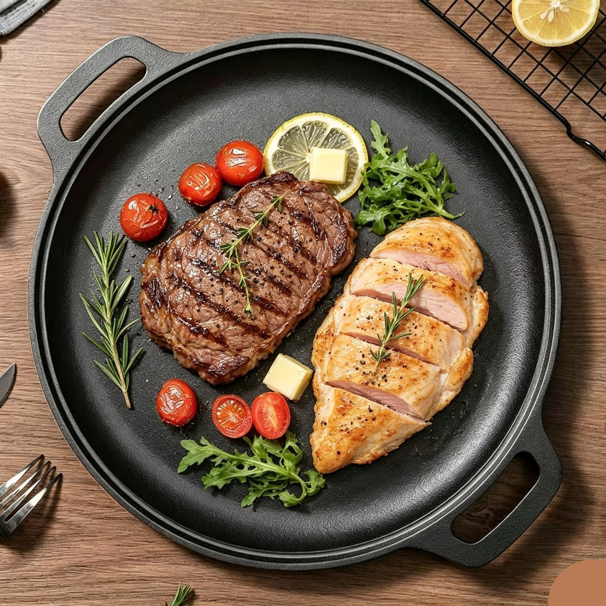 Large Double Handle Cast Iron Griddle Plate, Uncoated Thick Iron Pan for Big Batch Steak & BBQ Cooking, 42cm Griddle, Indoor & Outdoor Use, Christmas & Halloween Holiday Cookware Gift