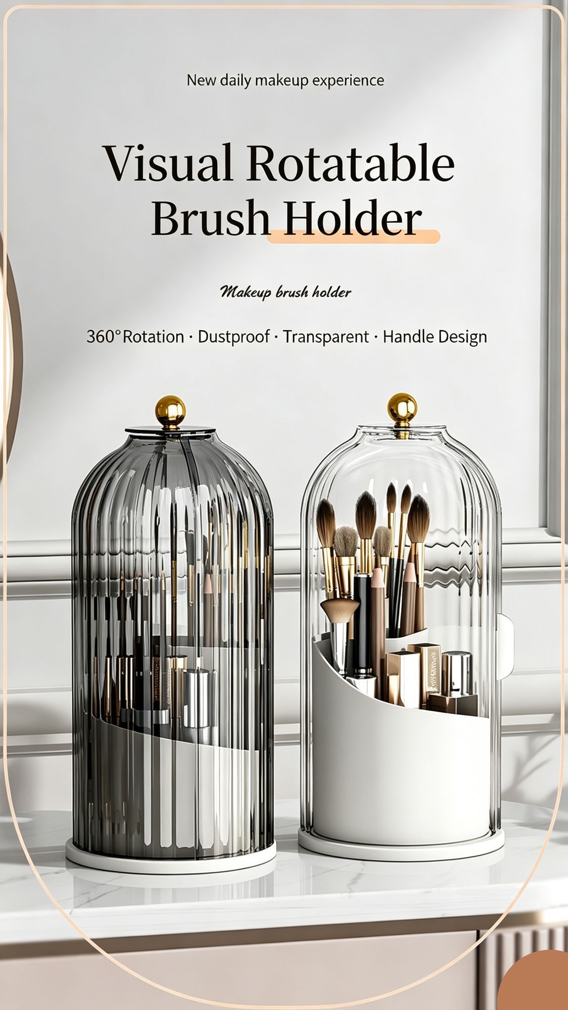Rotating Birdcage Desk & Vanity Organiser, Dustproof Divided Storage Holder for Cosmetics, Skincare, Stationery, Toothbrushes & Cutlery, Transparent White, Christmas & Halloween Household Gift