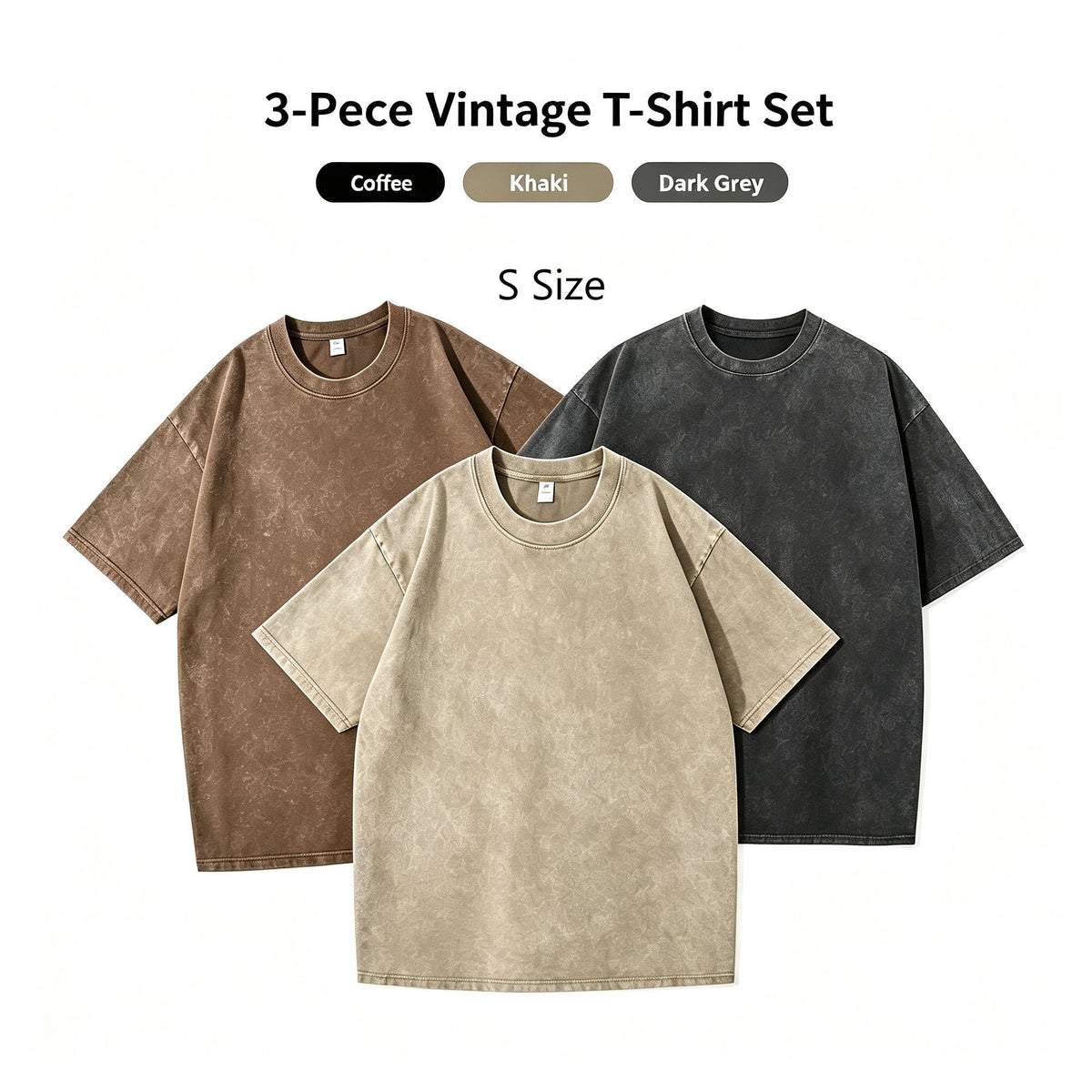 Heavyweight Retro Cotton T‑Shirt 3‑Piece Unisex Wear Bundle Suitable for Christmas Gifting Coffee Brown Khaki Dark Grey Size S