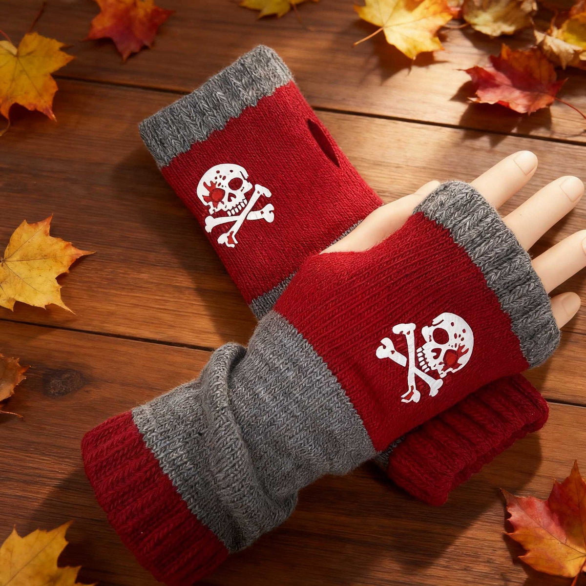 Cozy Spliced Half Finger Knit Gloves Stylish Hand Palm Guard Mittens 2 Pcs Skull Red Pattern for Christmas Gifting
