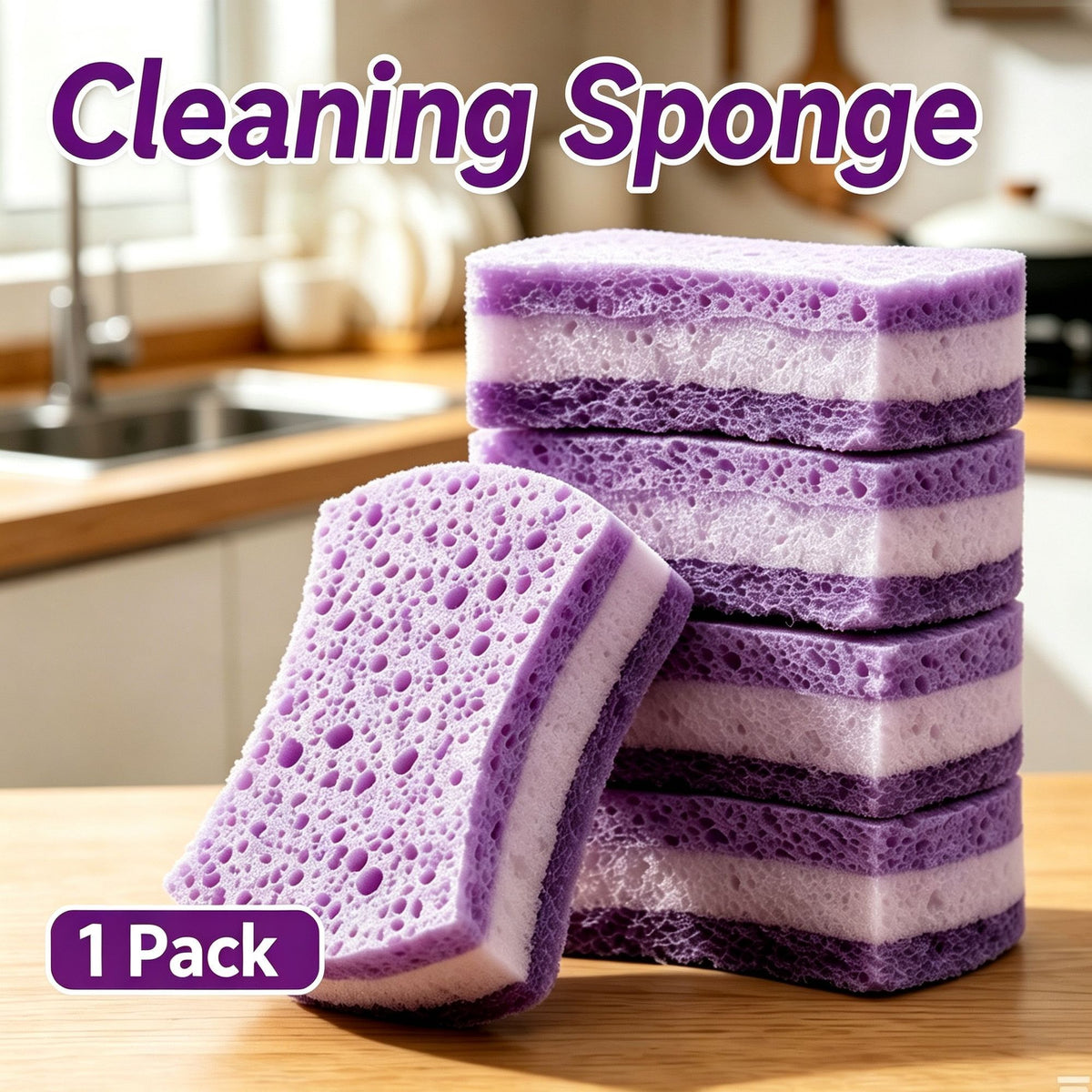 Premium Seaweed Sponge Scouring Pad Double Sided Cotton Kitchen Dish Washing Cloth Non Scratch Purple 1 Piece Ideal Christmas Gift
