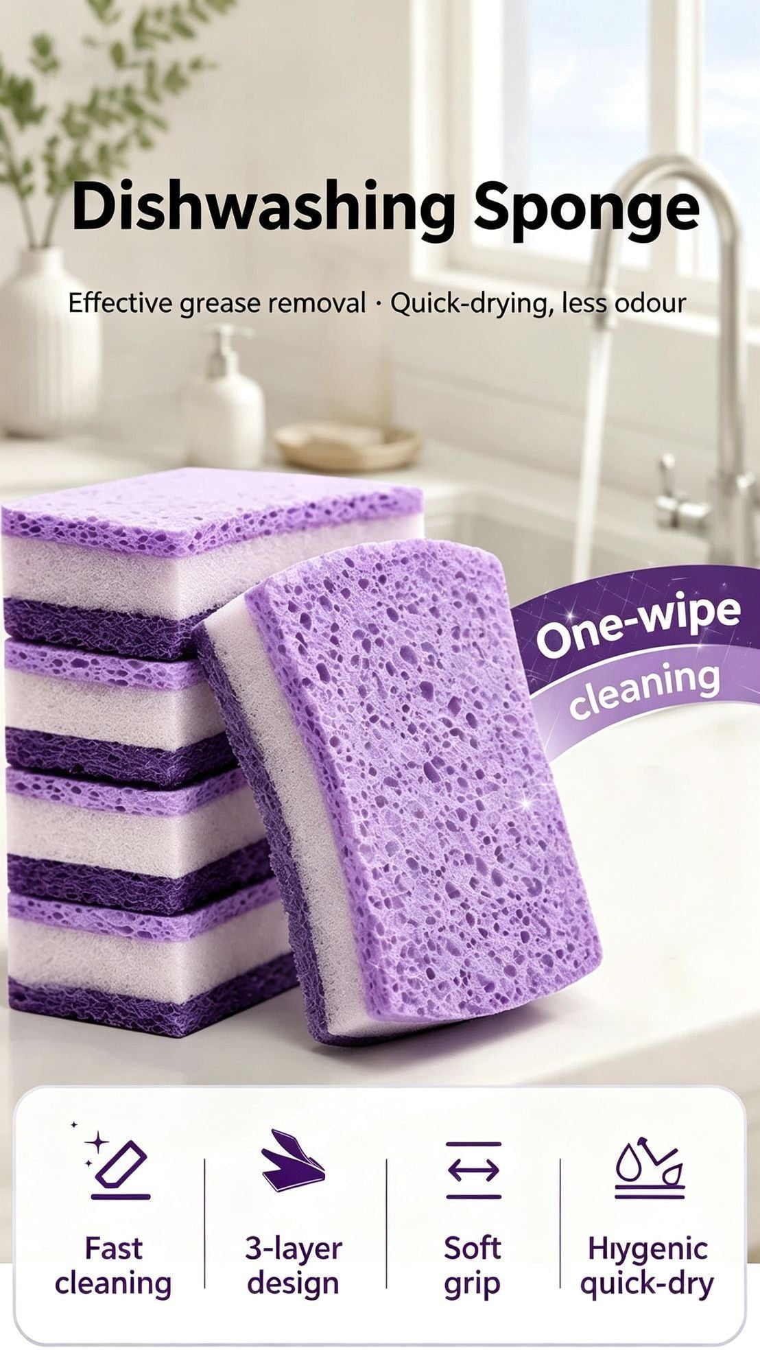 Premium Seaweed Sponge Scouring Pad Double Sided Cotton Kitchen Dish Washing Cloth Non Scratch Purple 1 Piece Ideal Christmas Gift