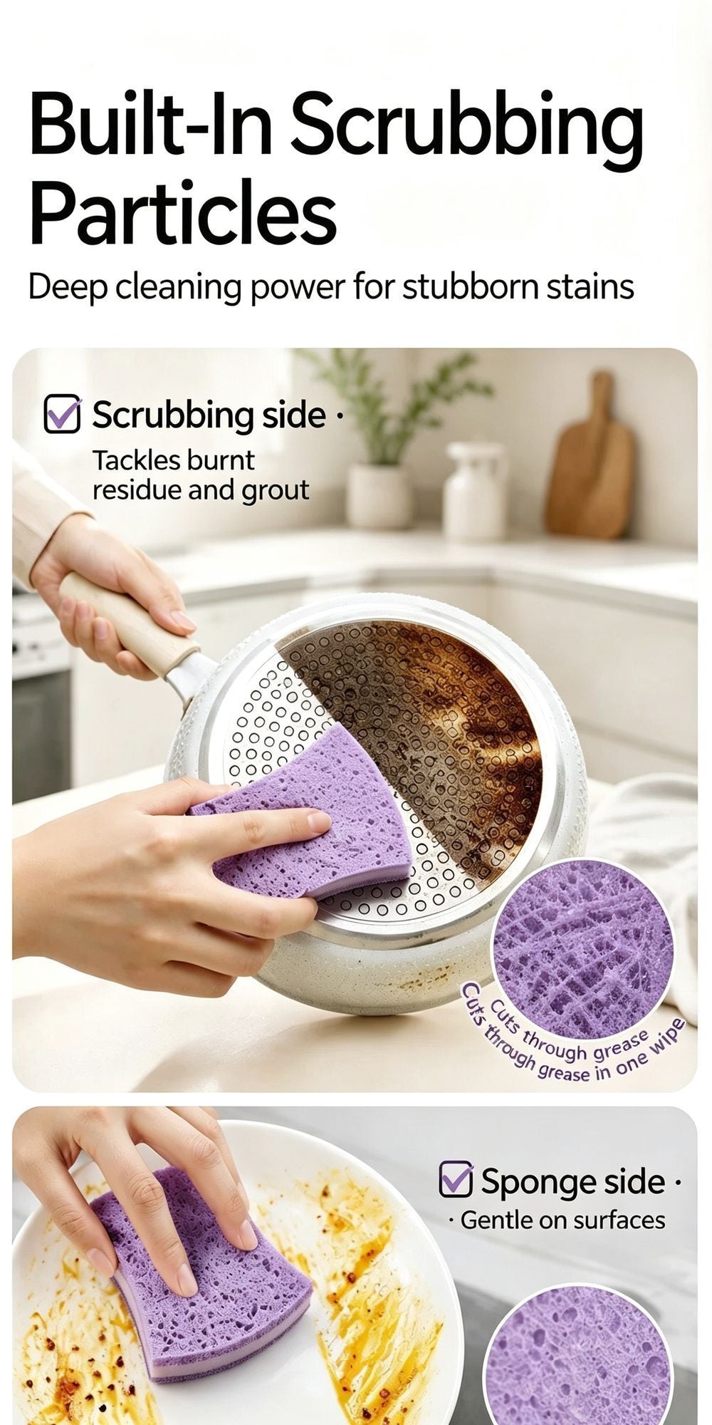 Premium Seaweed Sponge Scouring Pad Double Sided Cotton Kitchen Dish Washing Cloth Non Scratch Purple 1 Piece Ideal Christmas Gift