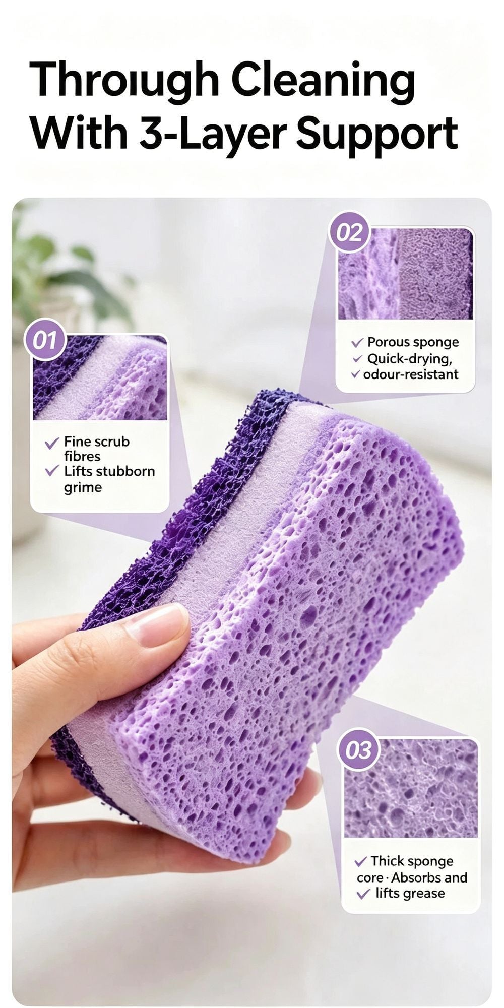 Premium Seaweed Sponge Scouring Pad Double Sided Cotton Kitchen Dish Washing Cloth Non Scratch Purple 1 Piece Ideal Christmas Gift