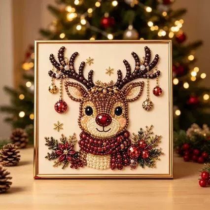 Gold-Edged Print Acrylic Pearl Painting 20x20cm Stretched Frame Pearl Kit Tools Christmas Reindeer Non-Wood Frame Suitable for Christmas Gifting