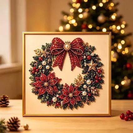 Gold Rim Print Acrylic Pearl Painting Kit 20x20cm Stretched Frame Pearl Tools Christmas Wreath Non-Wood Frame Perfect Christmas Gift