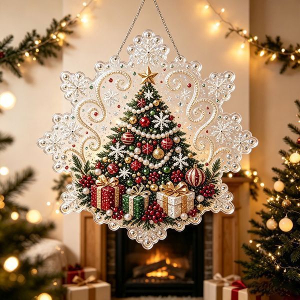Snowflake-Shaped Acrylic Pearl Art 20x20cm Stretched Frame Pearl Material Set Christmas Tree Pattern Ideal Christmas Gift