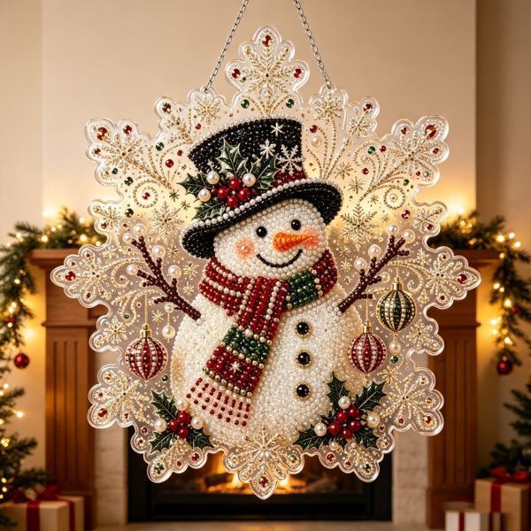 Snowflake Shape Acrylic Pearl Art Set 20x20cm Stretched Frame Pearl Kit Christmas Snowman Pattern Suitable for Christmas Gifting