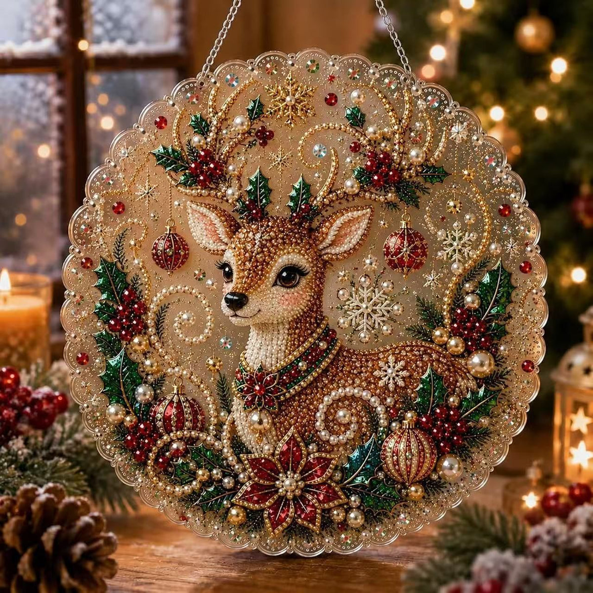 Acrylic Pearl Art Decor 20x20cm Stretched Frame Pearl Materials Christmas Reindeer Popular Christmas Holiday Gift