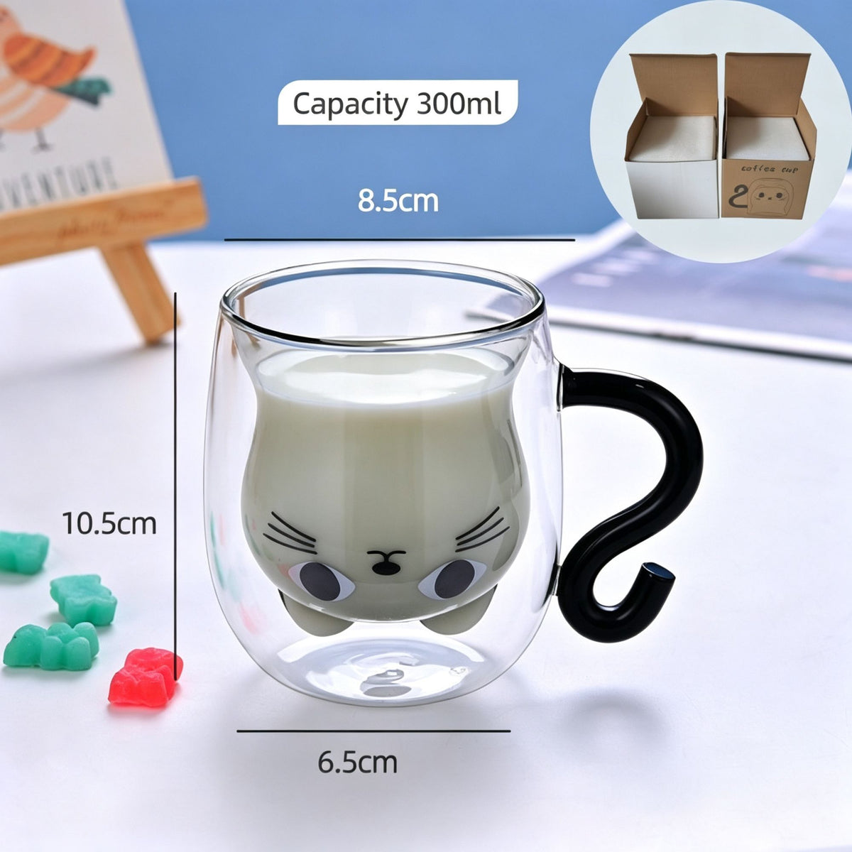 High Borosilicate Glass Cartoon Cat Cup Double Wall Insulated Drink Mug with Handle Black Cat Pearl Cotton + Paper Box Ideal Christmas Gift