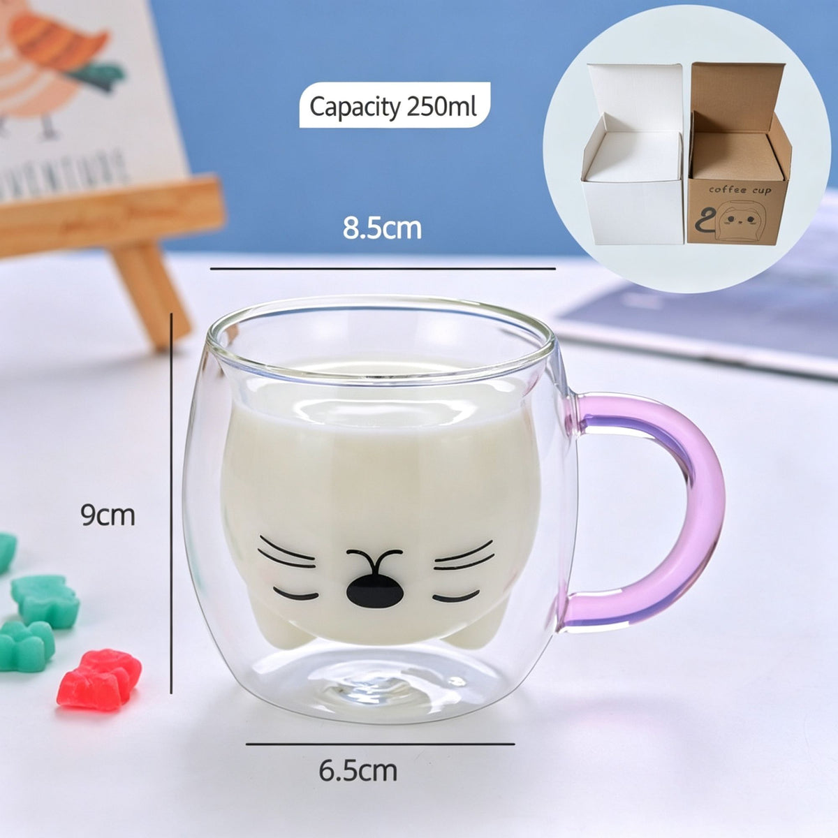 Pink Cartoon Cat Double Wall Glass Mug High Borosilicate Round Handle Beverage Cup Pearl Cotton + Paper Box Suitable for Christmas Gifting