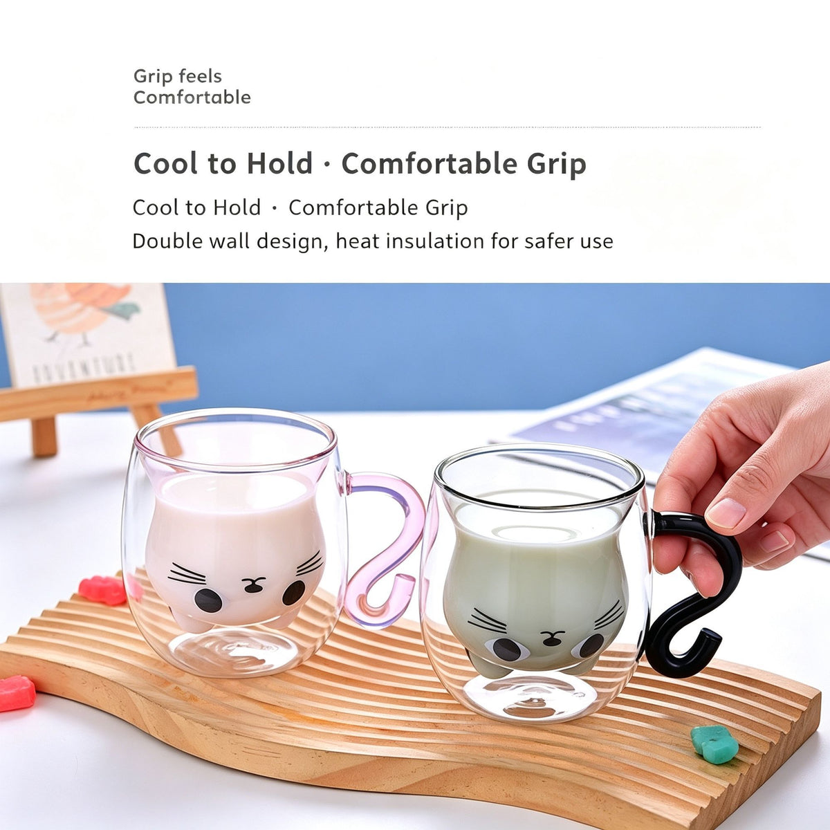 Pink Cartoon Cat Double Wall Glass Mug High Borosilicate Round Handle Beverage Cup Pearl Cotton + Paper Box Suitable for Christmas Gifting