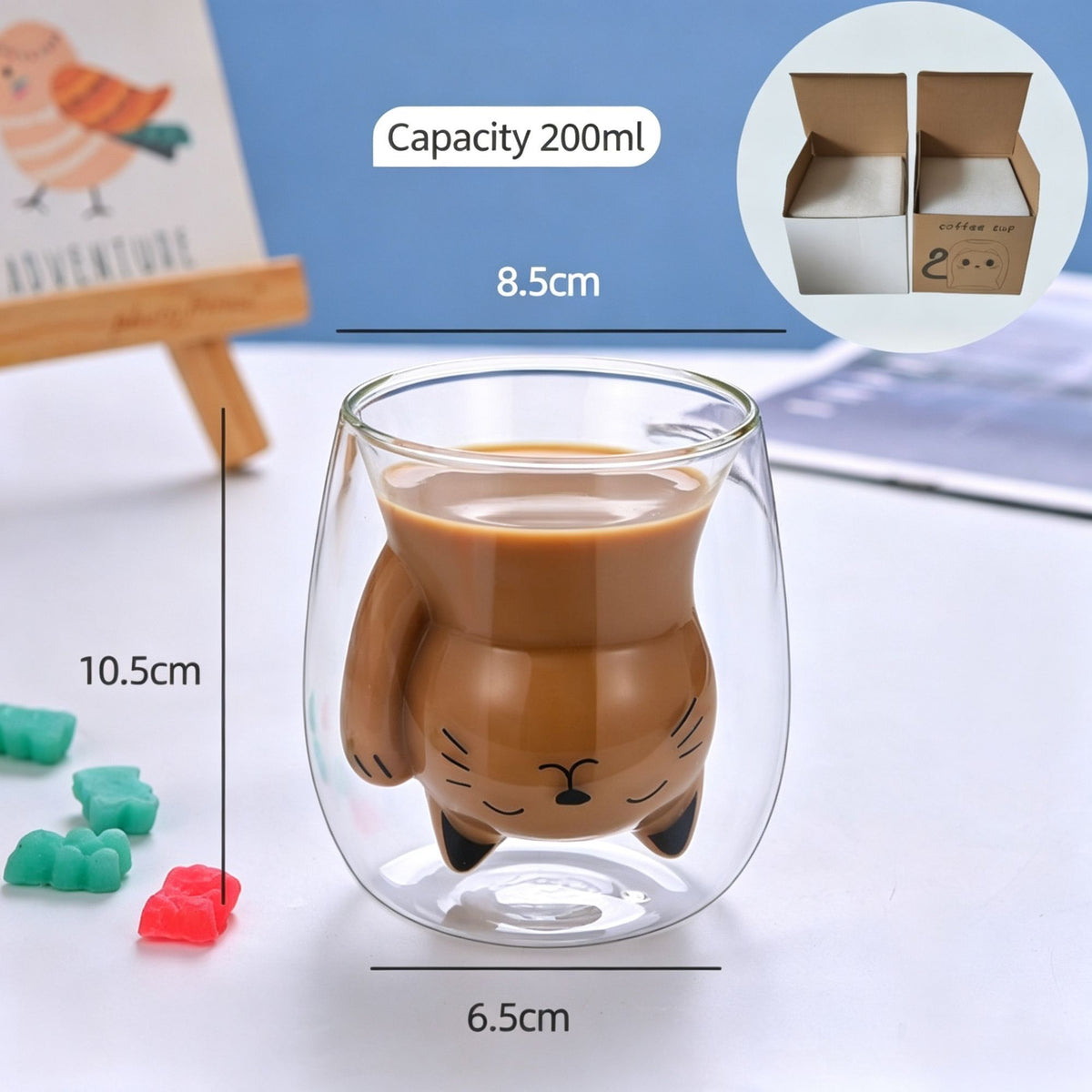 Transparent Cartoon Cat Double Wall Glass Cup High Borosilicate Insulated Beverage Mug Pearl Cotton + Paper Box Popular Christmas Holiday Gift