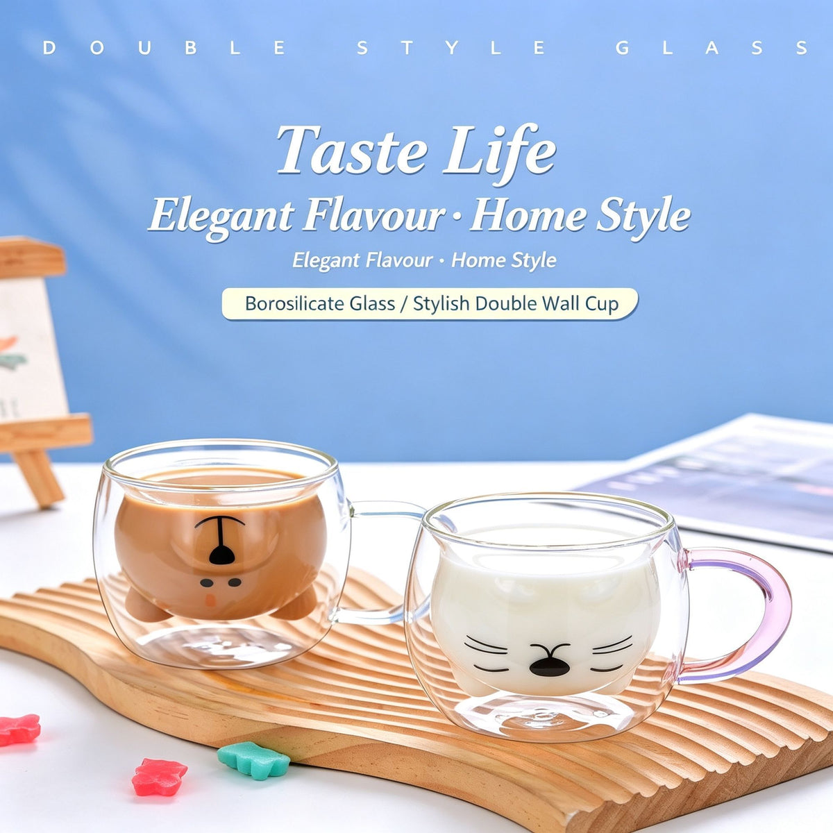 Transparent Cartoon Cat Double Wall Glass Cup High Borosilicate Insulated Beverage Mug Pearl Cotton + Paper Box Popular Christmas Holiday Gift