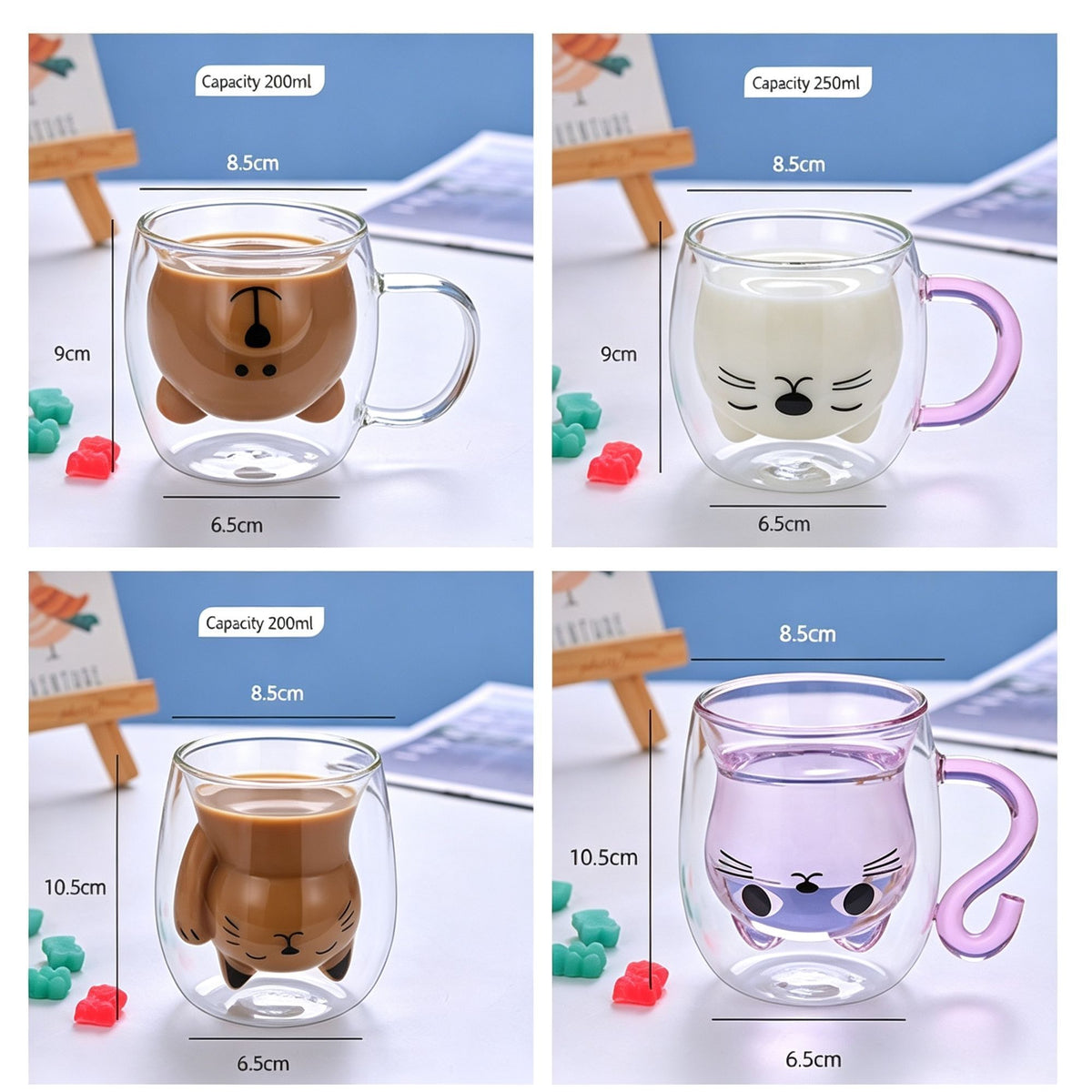 Transparent Cartoon Cat Double Wall Glass Cup High Borosilicate Insulated Beverage Mug Pearl Cotton + Paper Box Popular Christmas Holiday Gift