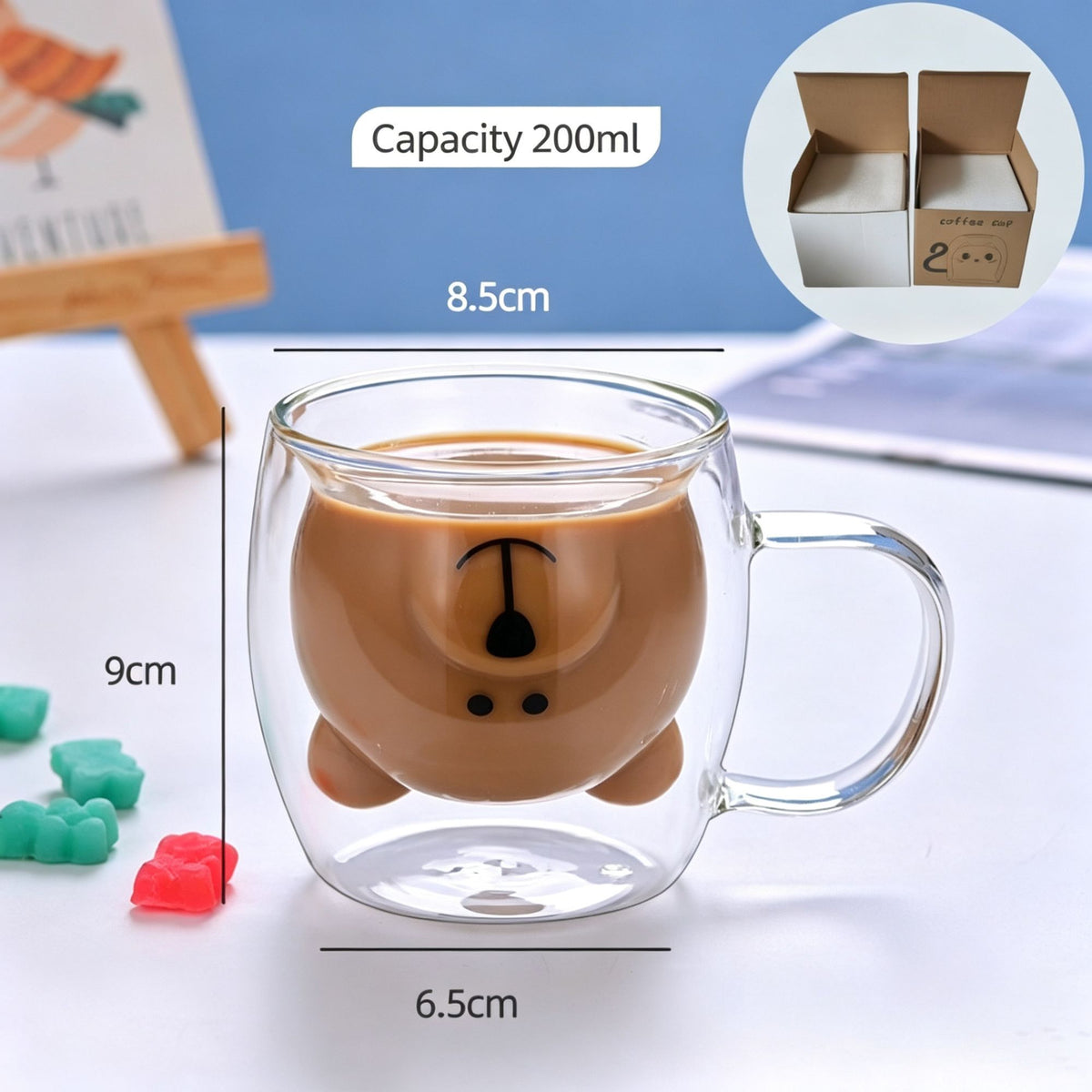 Clear Cartoon Bear Double Wall Glass Mug High Borosilicate with Handle Insulated Drink Cup Pearl Cotton + Paper Box Perfect Christmas Gift