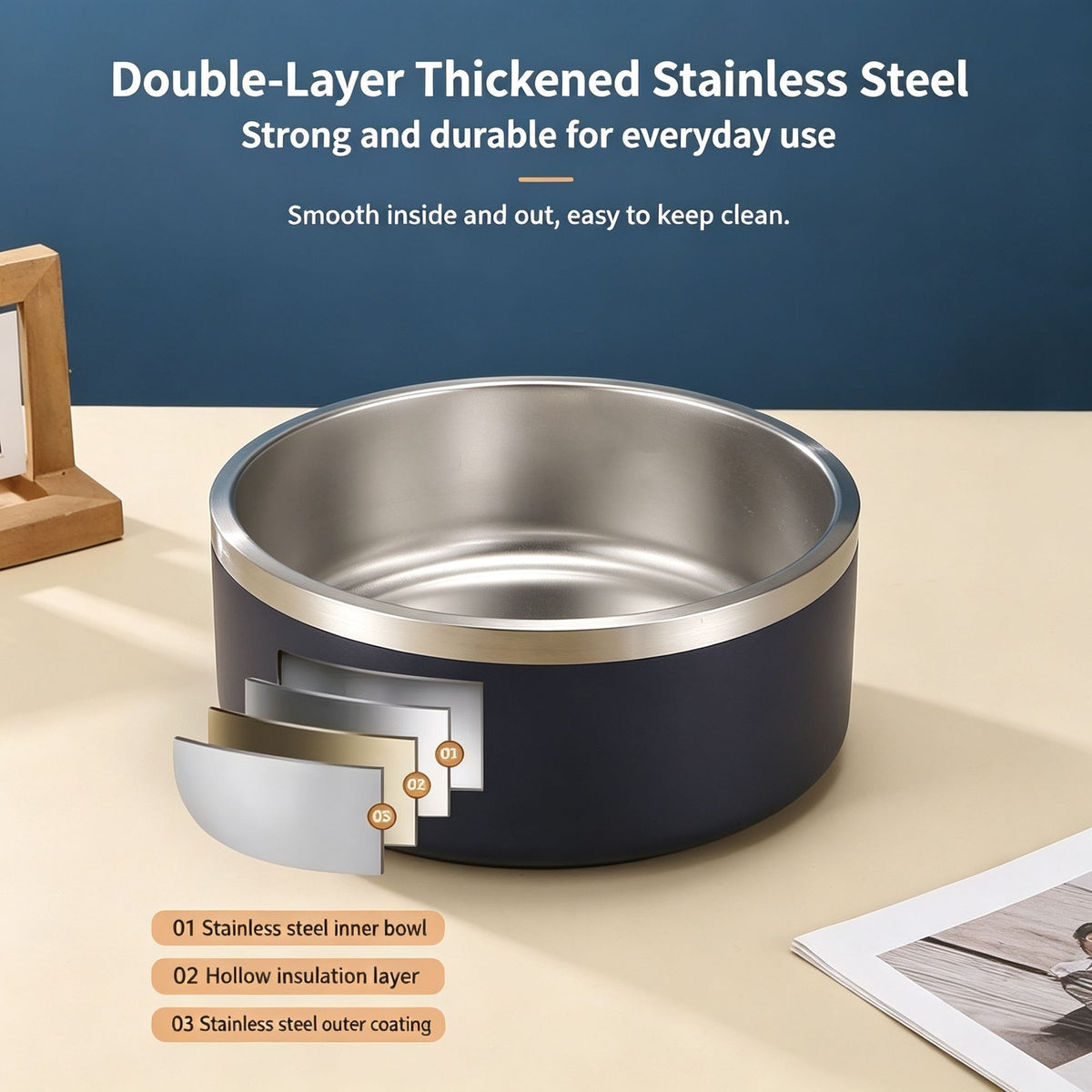 32oz 304 Stainless Steel Cat Dog Bowl | Double Thick Pet Water Bowl | Skid Resistant Base | Dark Blue | for Small Dogs & Cats | Christmas Premium Small Dish