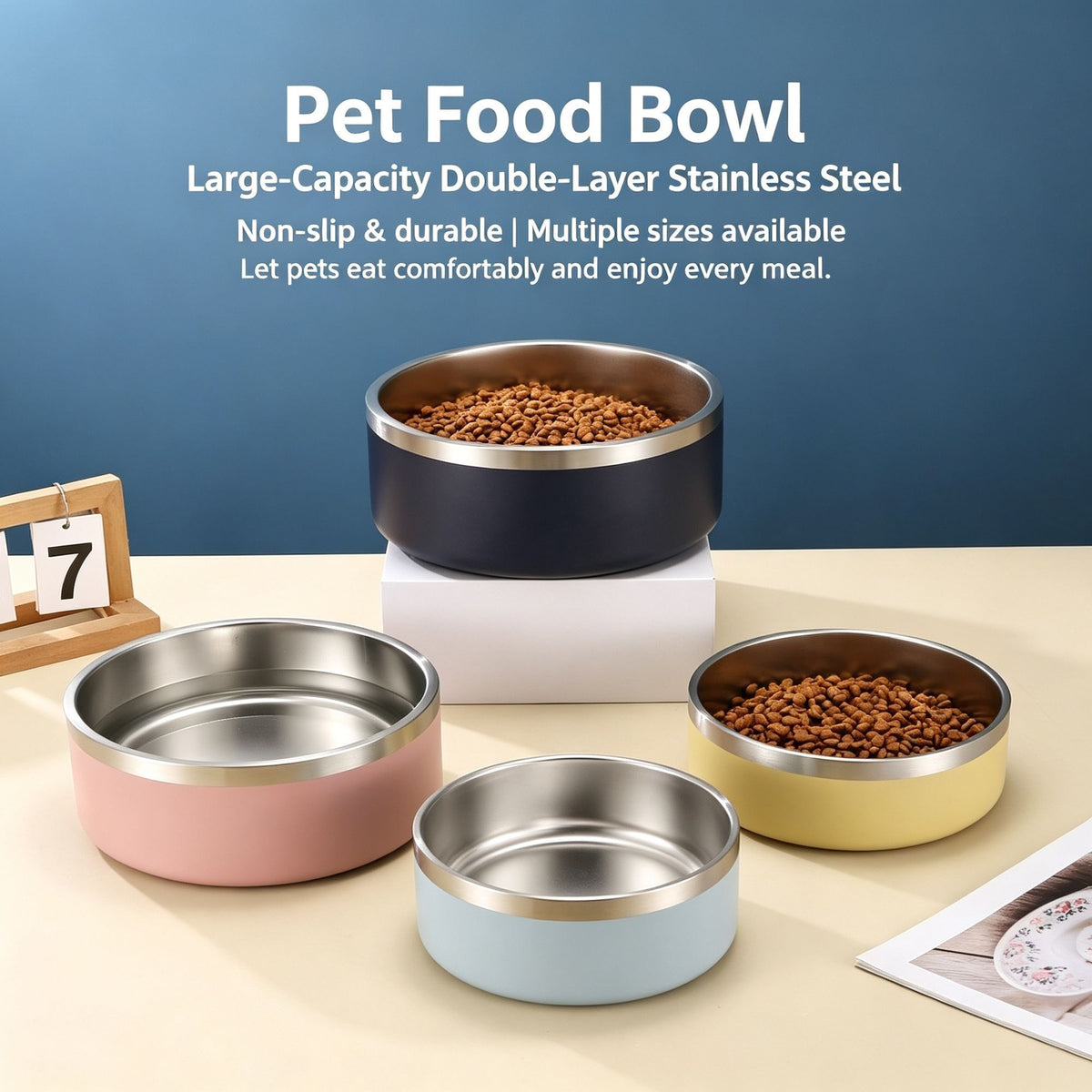 42oz 304 Stainless Steel Cat Dog Bowl | Double Insulated Pet Dish | Natural Silver Finish | Anti-Slip Bottom | for Medium Dogs & Adult Cats | Christmas Daily Universal Feeding Pick