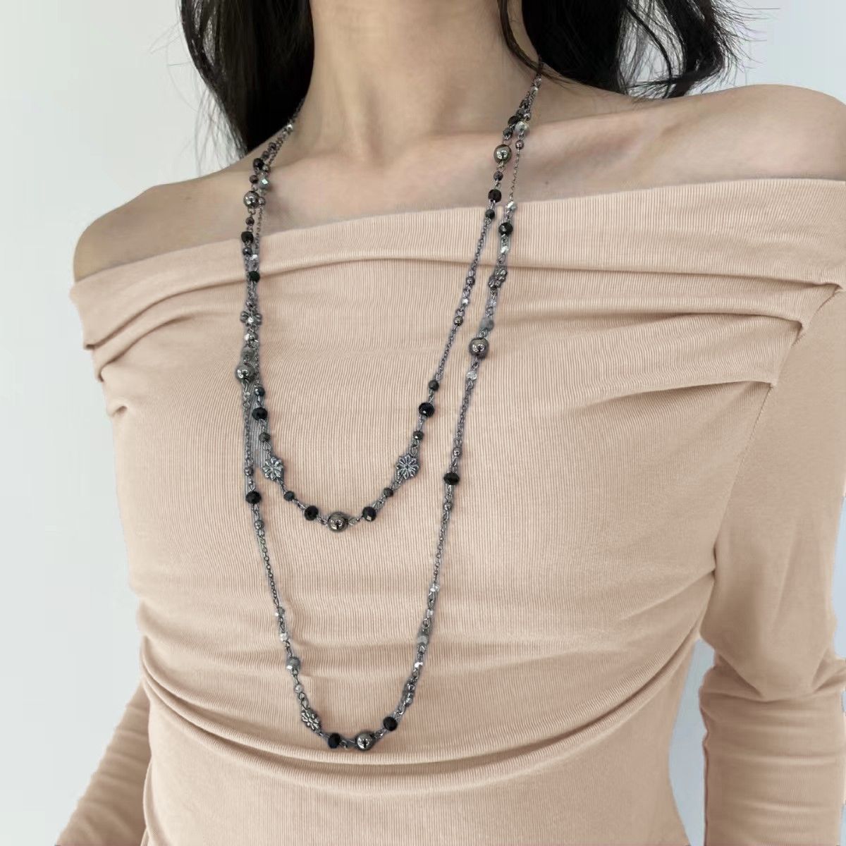 Gunmetal Grey | Vintage Distressed Y2K Beaded Long Necklace | Christmas Edgy Street Gift | Layered Grunge Clavicle Chain Spicy Girl Neck Accessory